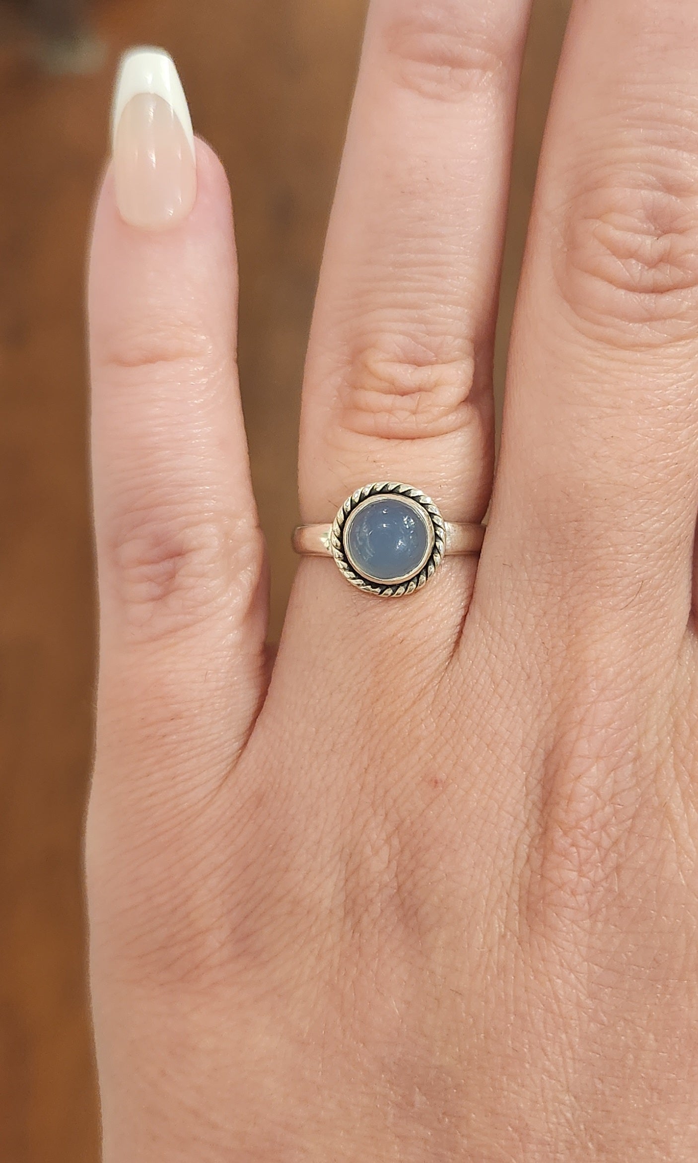 Sterling silver round blue chalcedony ring