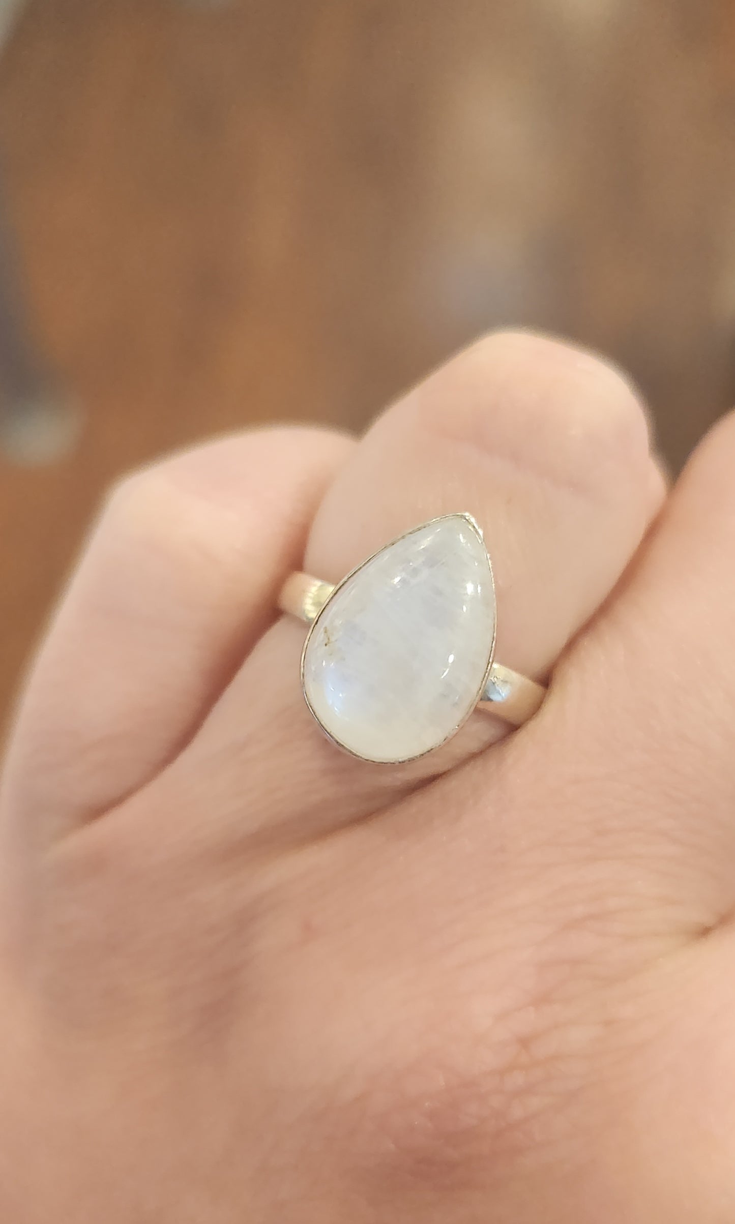 Sterling silver pear-shaped rainbow moonstone ring