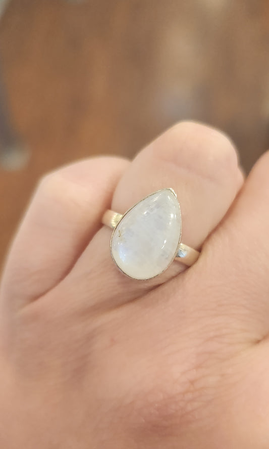 Sterling silver pear-shaped rainbow moonstone ring