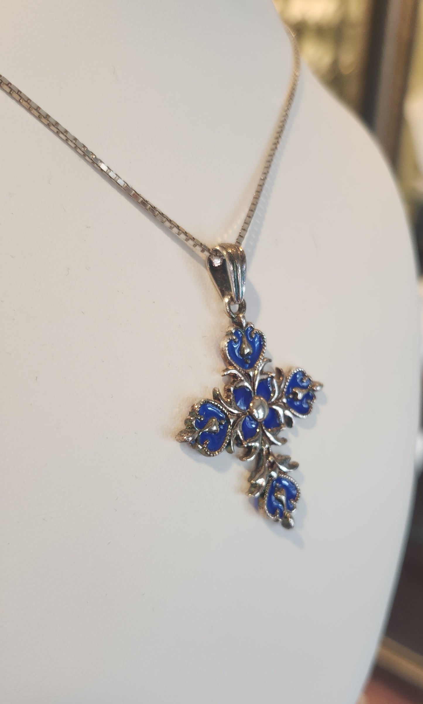 Sterling silver blue enamel cross pendant