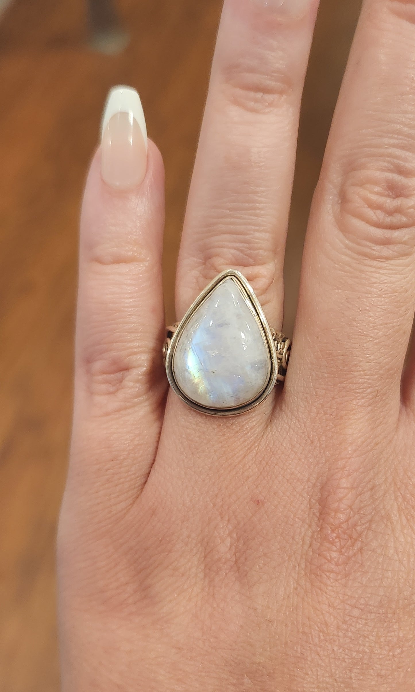 Sterling silver pear-shaped rainbow moonstone statement ring