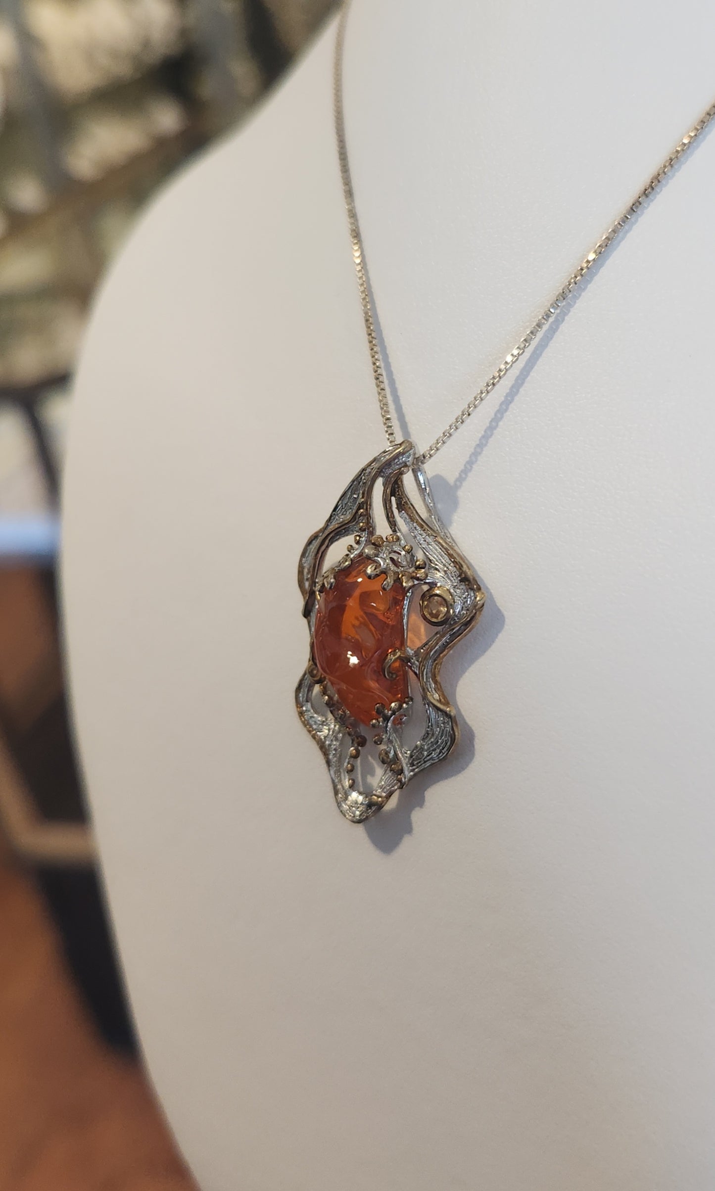 Sterling silver Mexican fire opal pendant with tourmaline