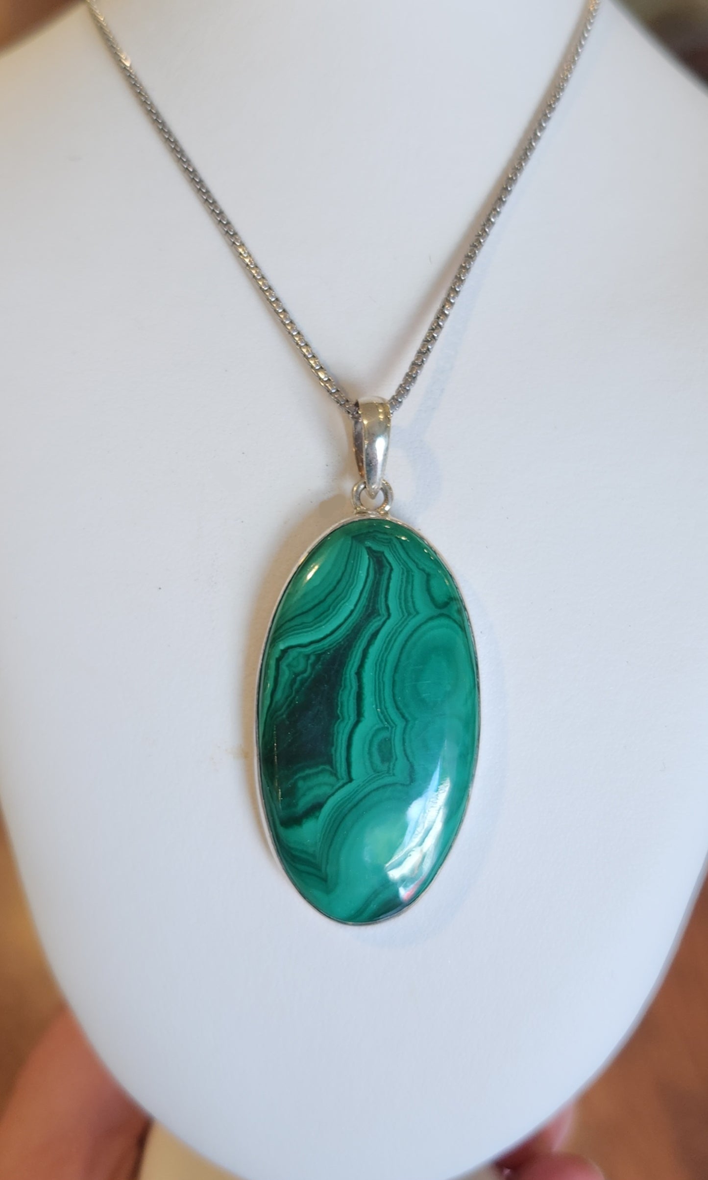 Sterling silver oval malachite statement pendant