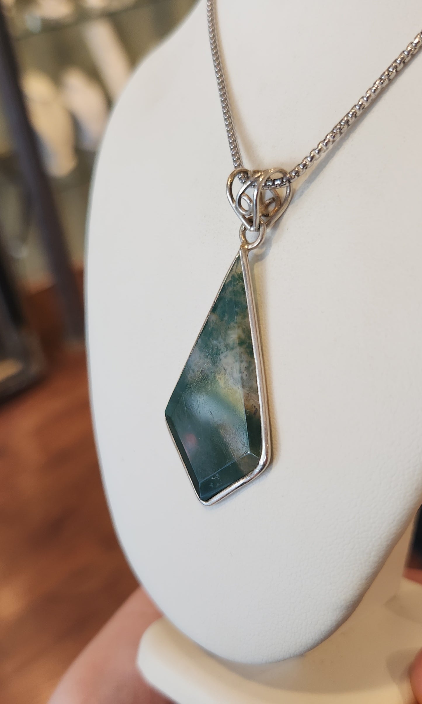 Sterling silver kite-shaped moss agate pendant