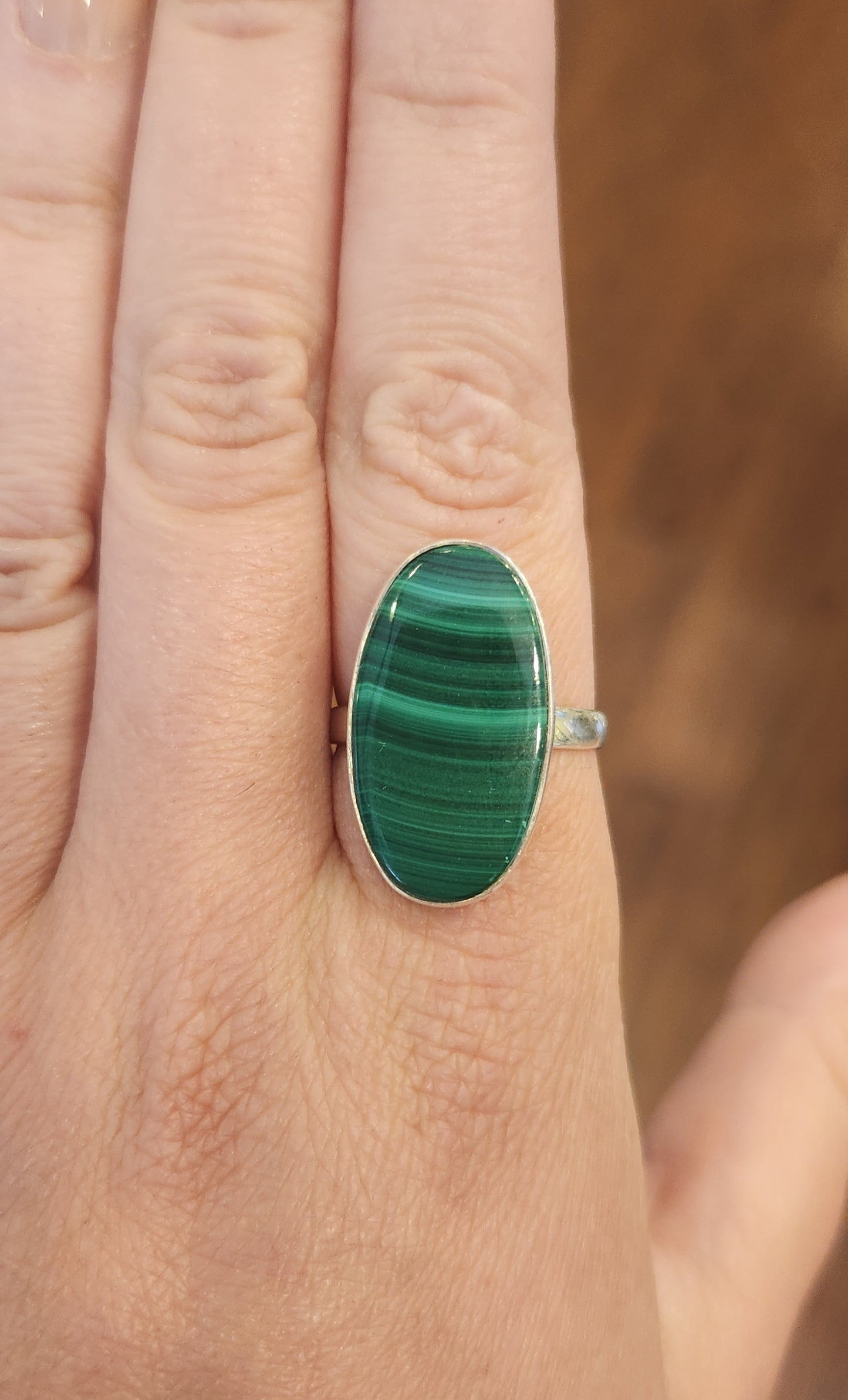 Sterling silver oval malachite ring