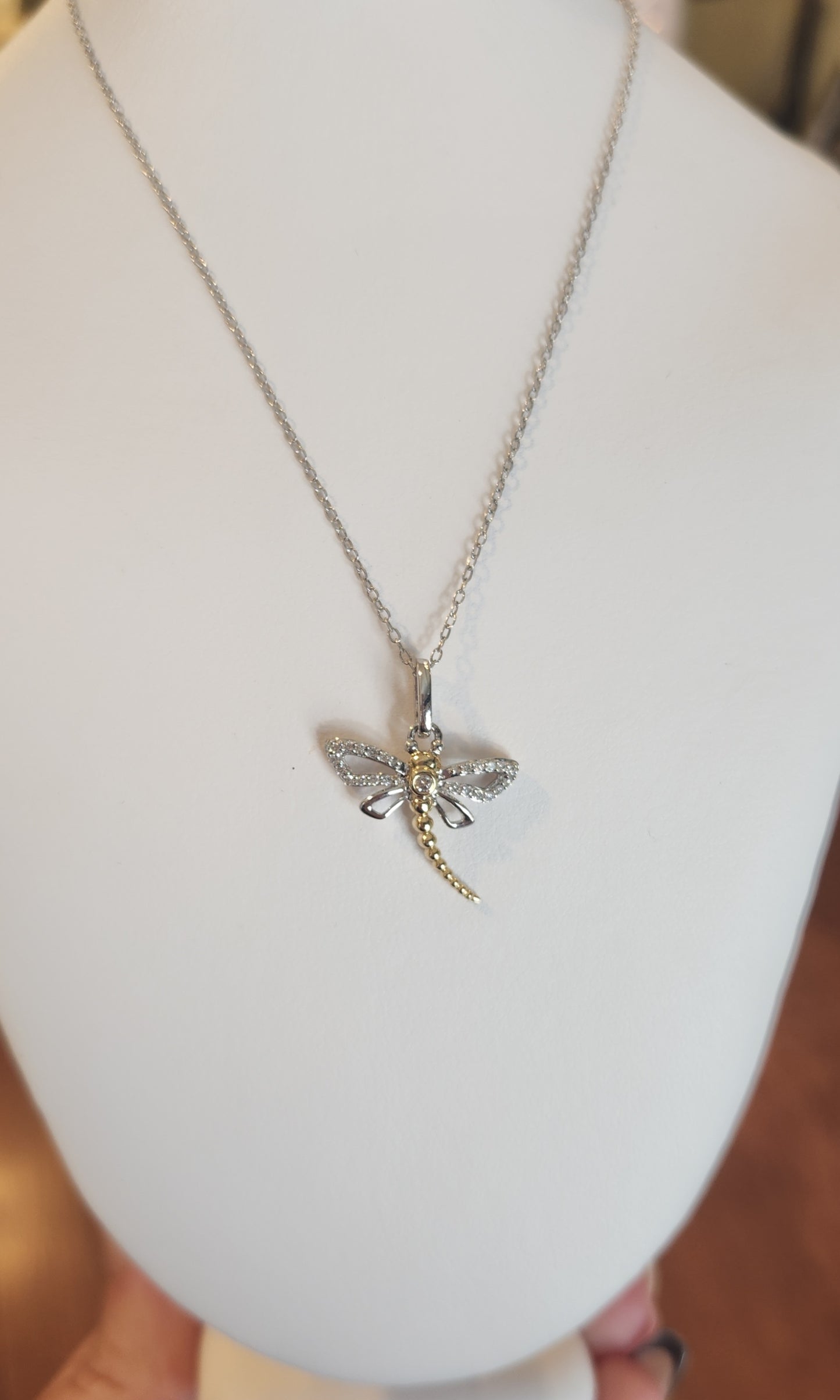 Sterling silver with 14k gold diamond dragonfly pendant