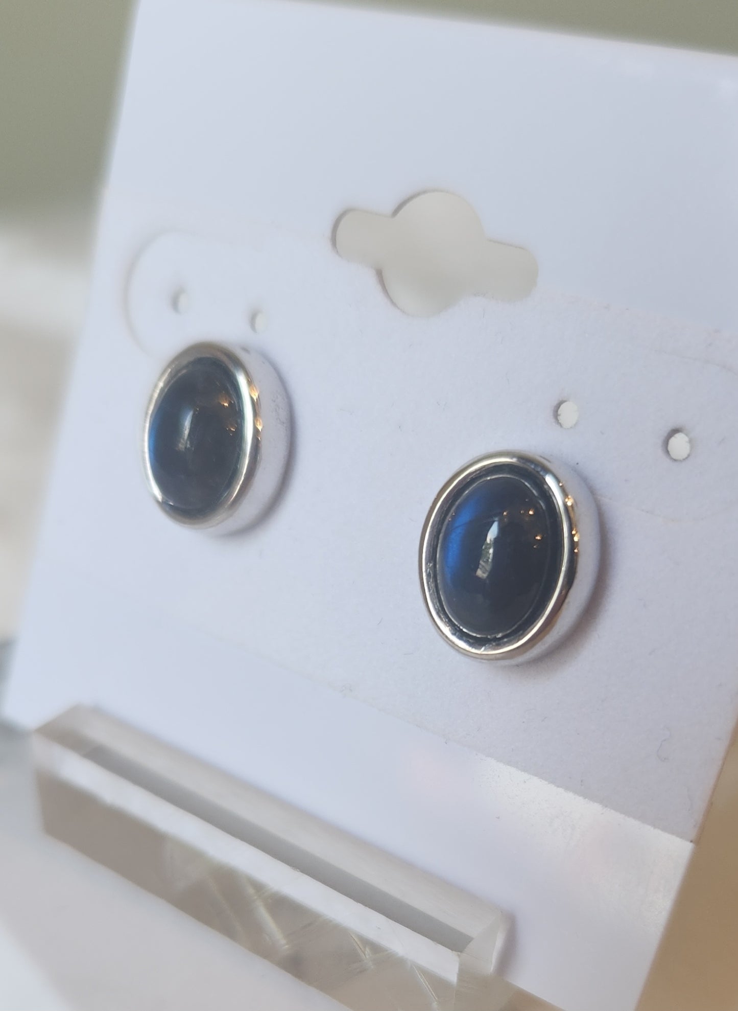 Sterling silver oval blue spectrolite studs