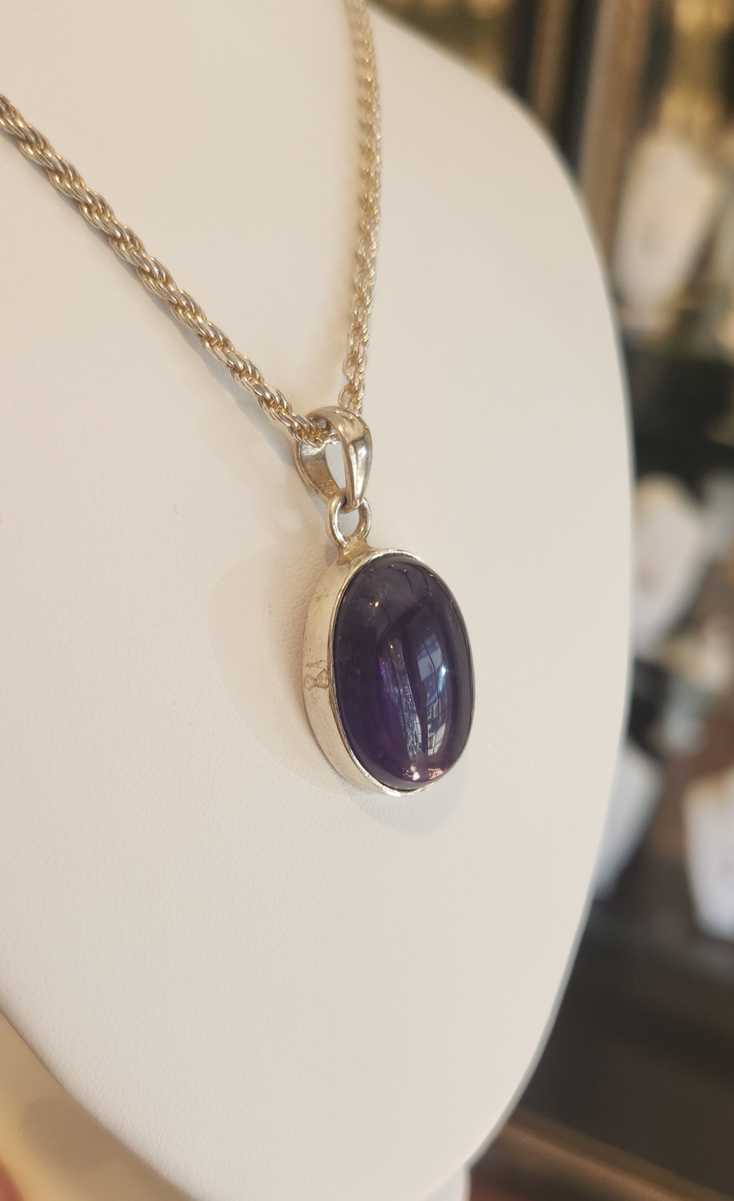 Sterling silver amethyst cabochon pendant with rope chain