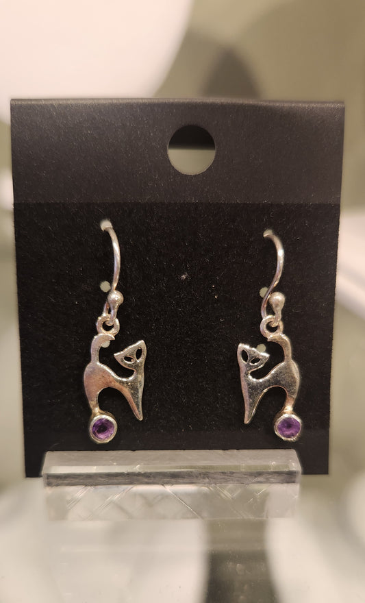 Sterling silver dangle cat earrings with amethyst