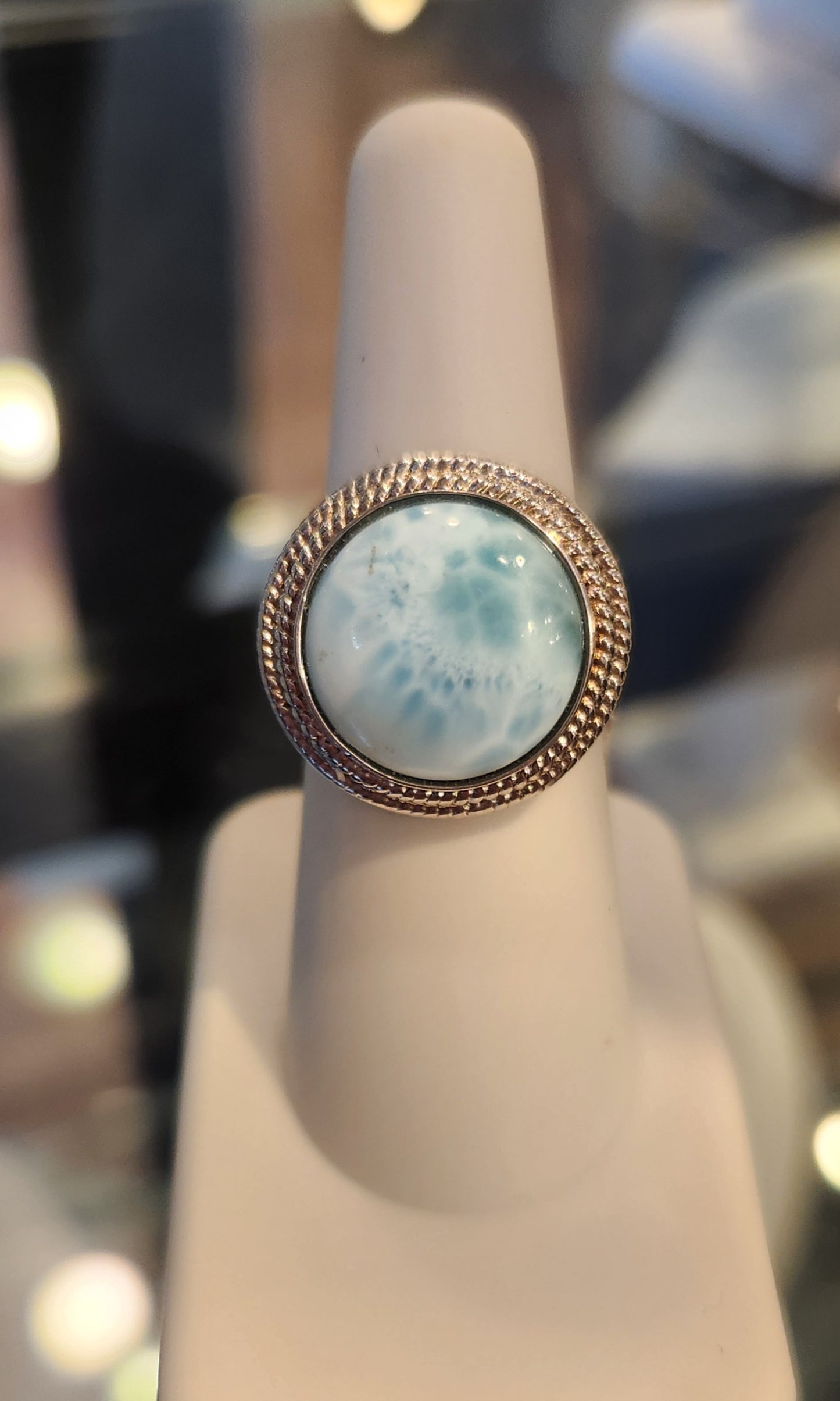 Sterling silver ring with round larimar cabochon