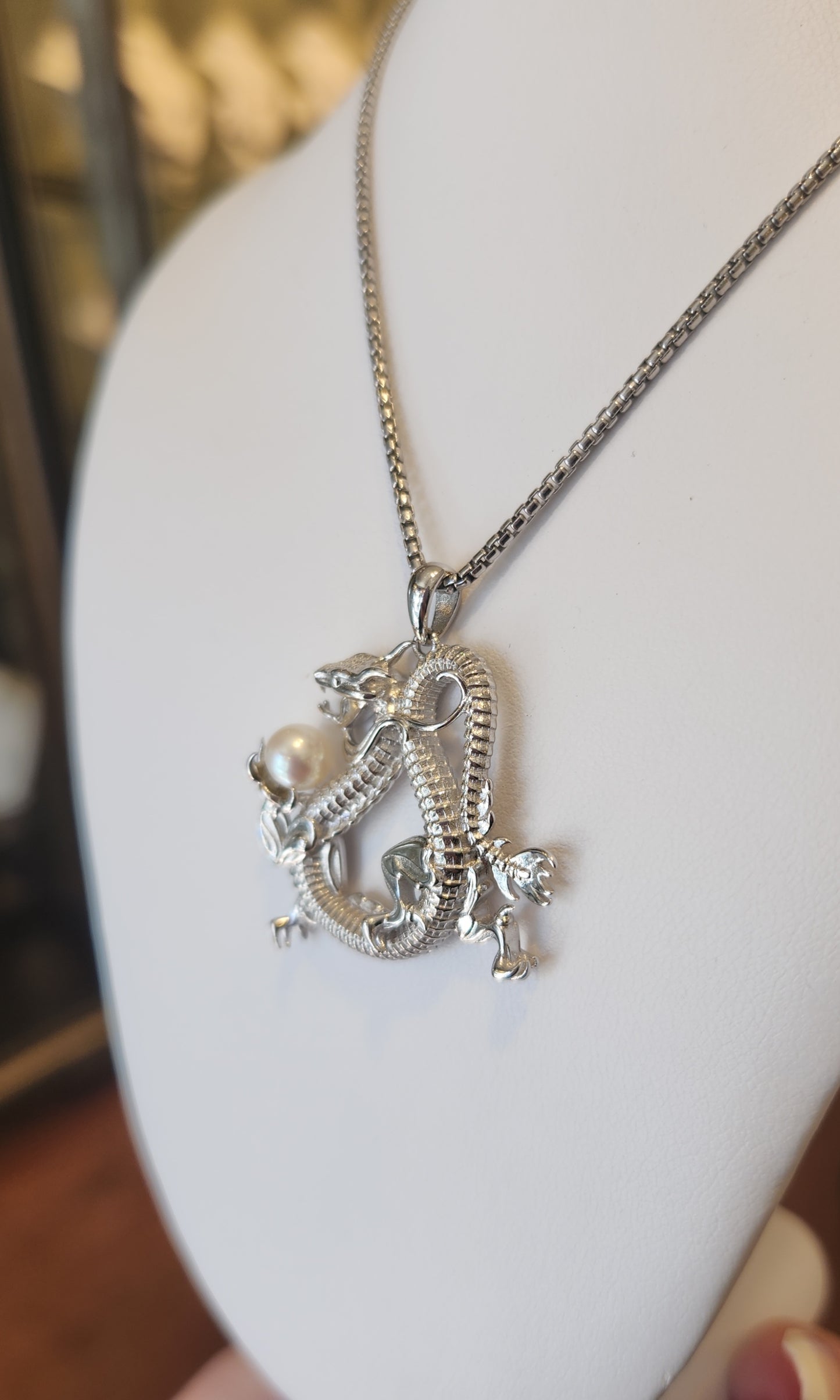 Sterling silver pearl dragon pendant