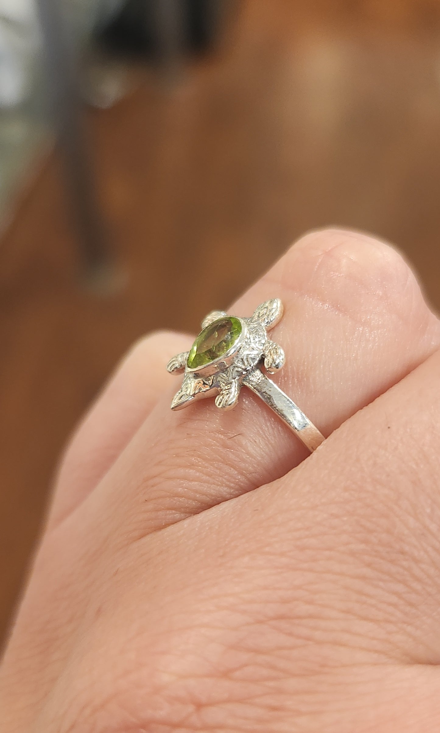 Sterling silver peridot turtle ring