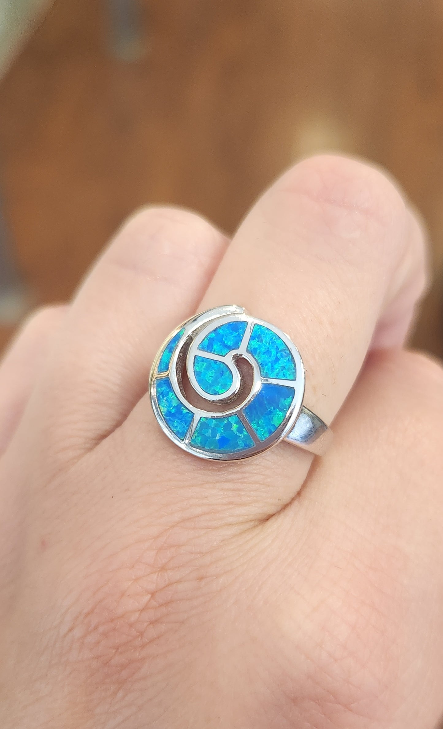 Sterling silver kyocera opal spiral ring