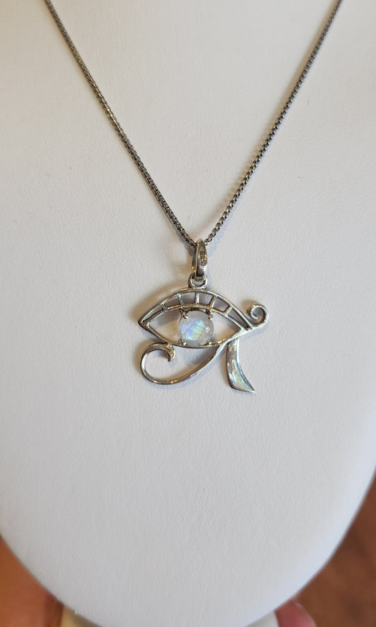 Sterling silver rainbow moonstone Eye of Horus pendant