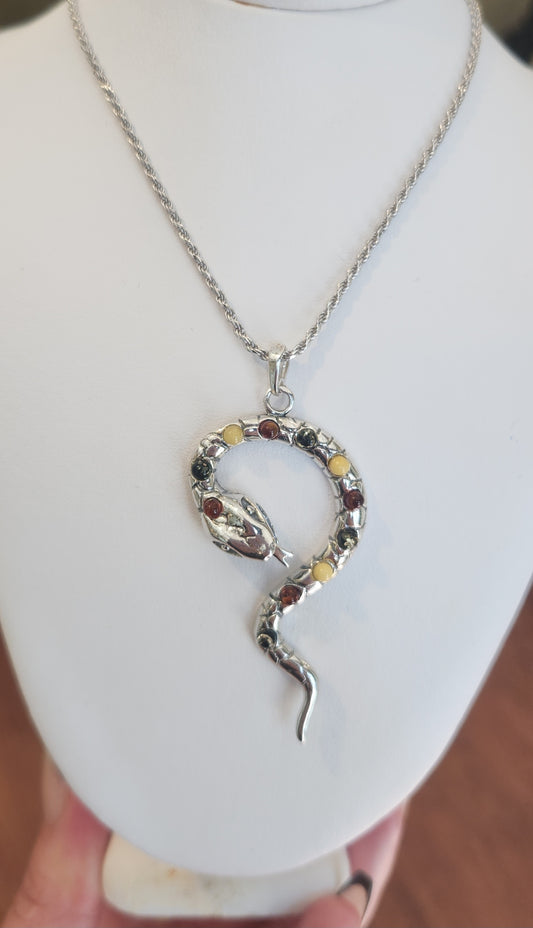 Sterling silver amber snake pendant