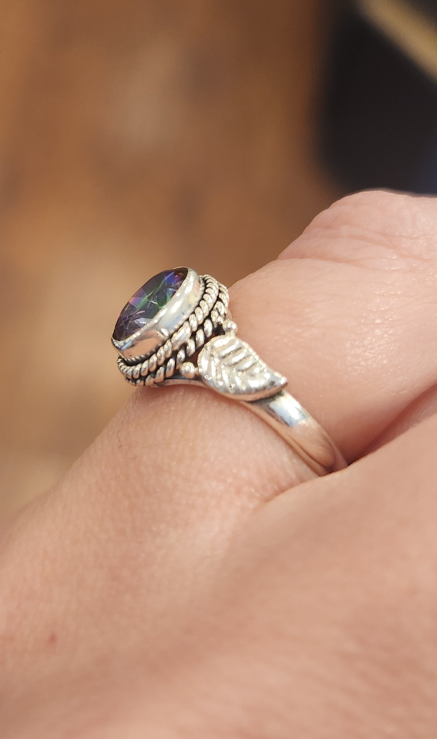 Sterling silver mystic topaz leaf ring