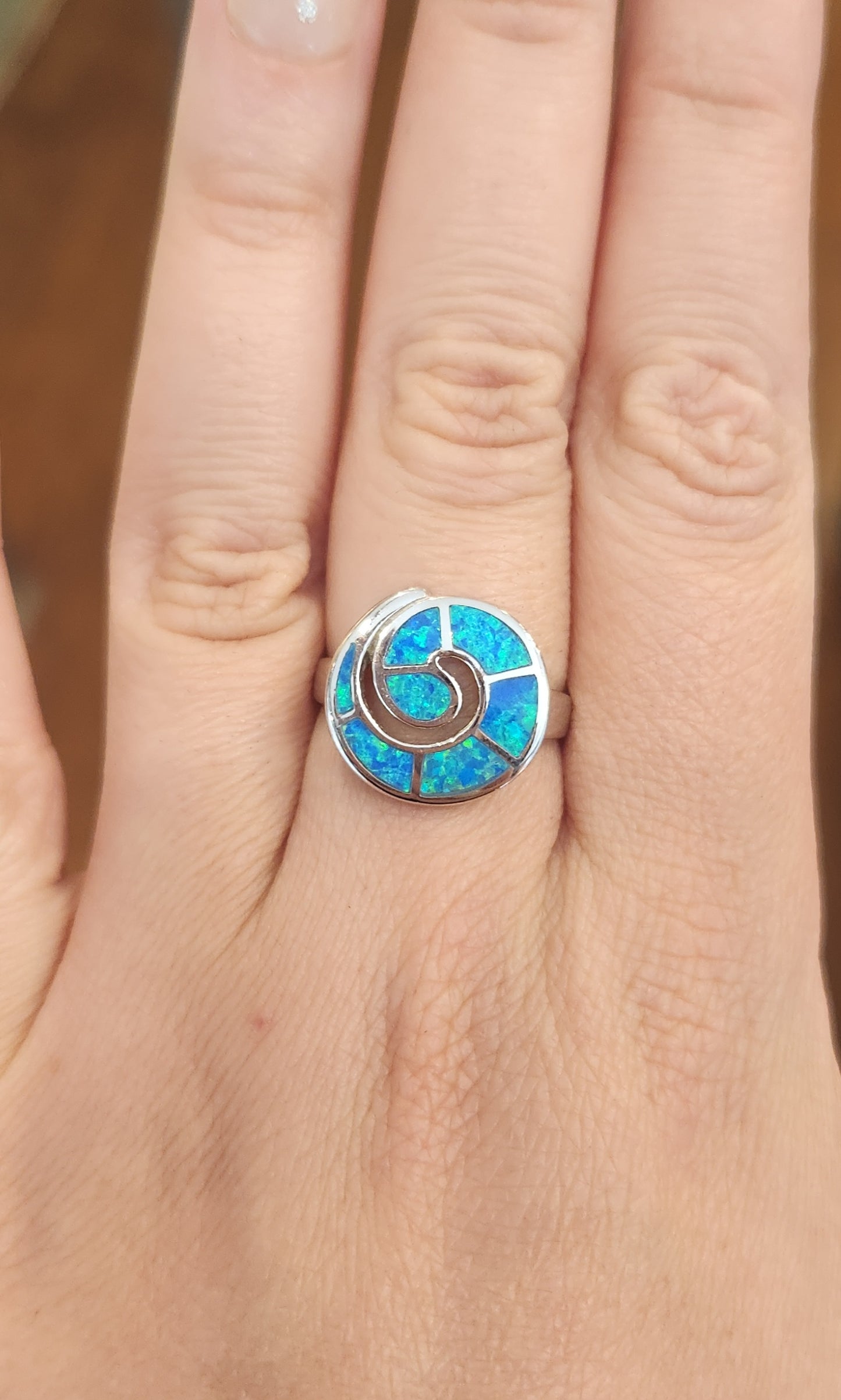 Sterling silver kyocera opal spiral ring