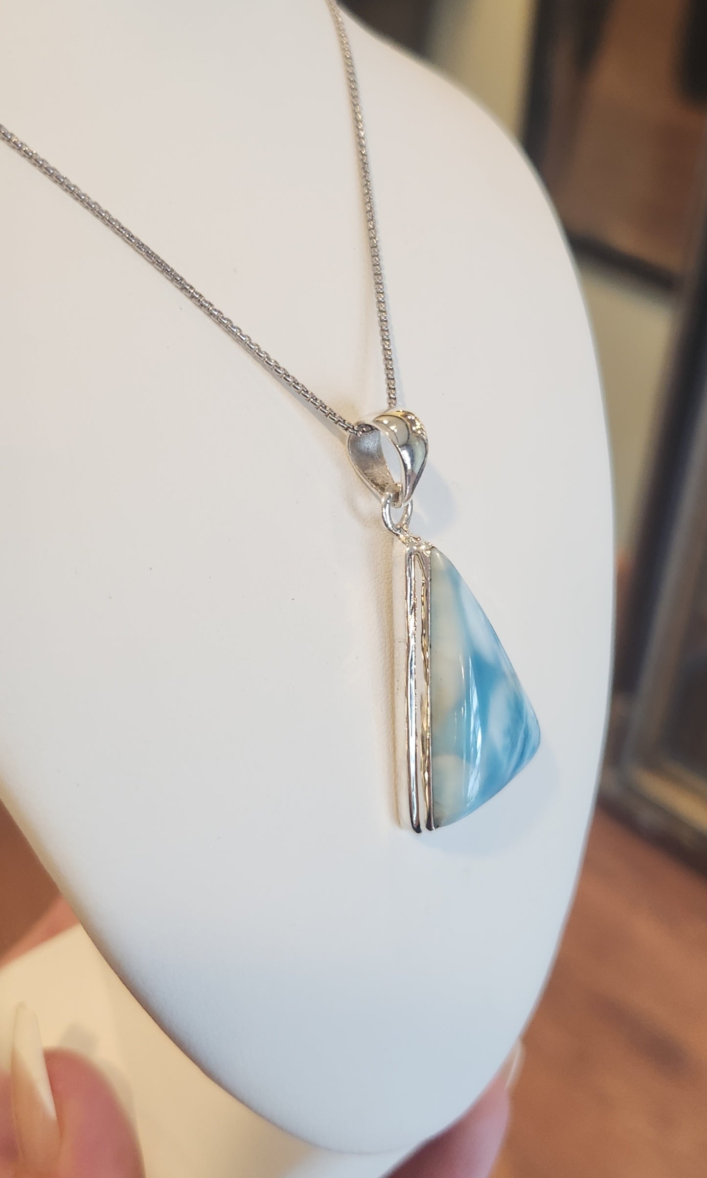 Sterling silver triangle-shaped larimar pendant