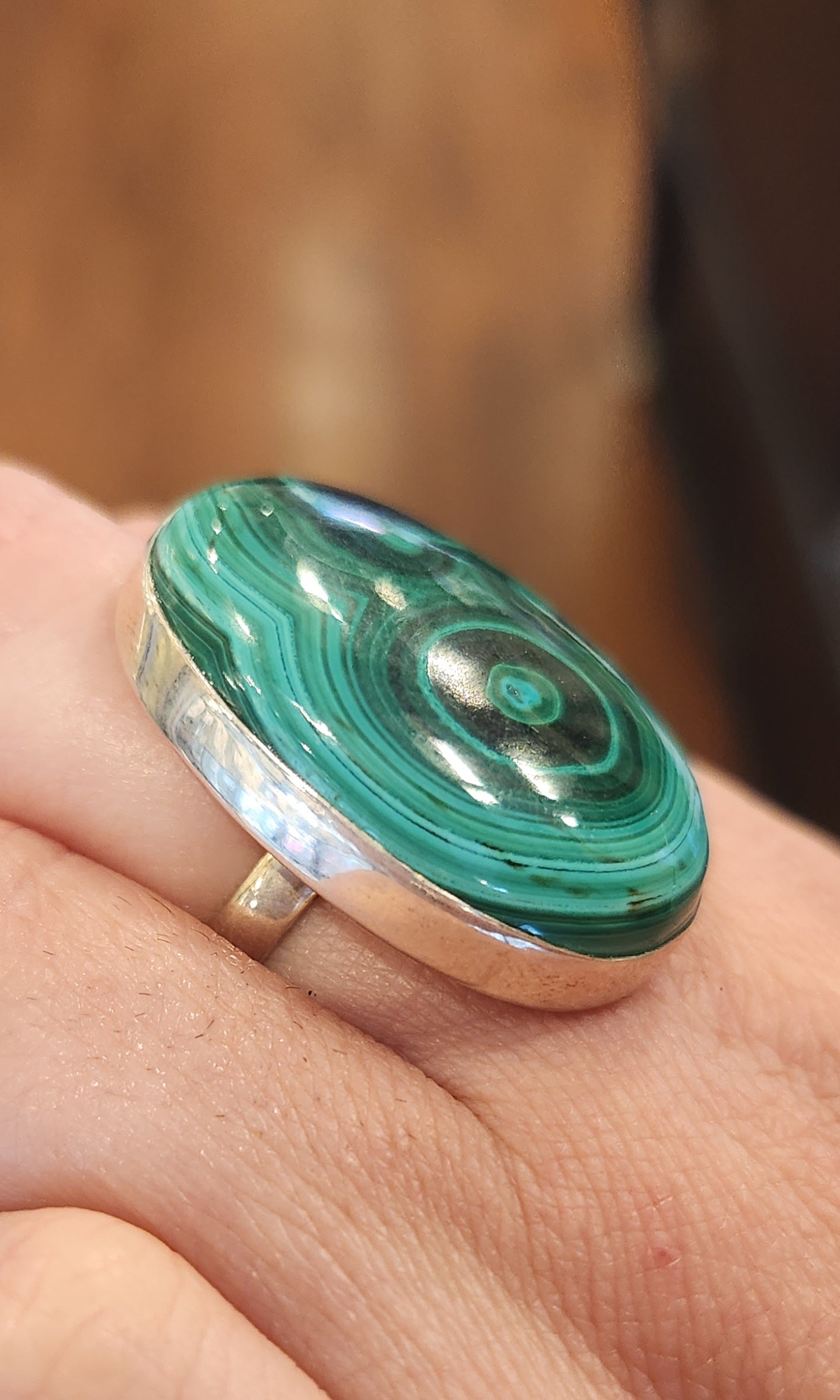 Sterling silver oval malachite statement ring