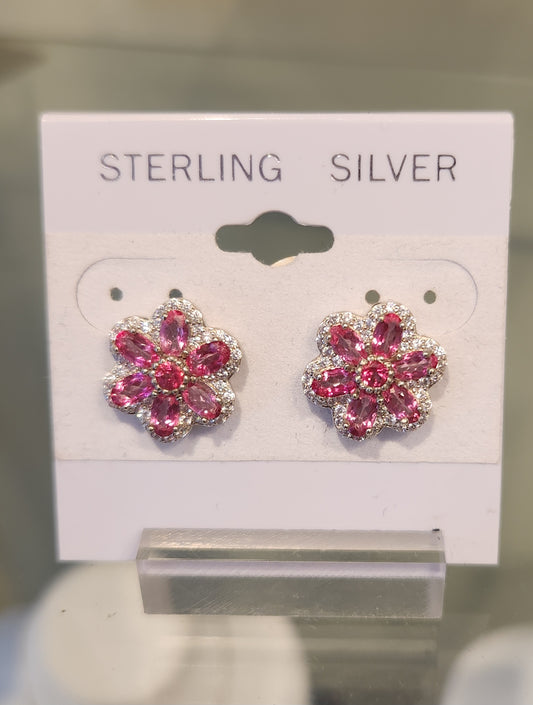 Sterling silver pink topaz flower earring studs