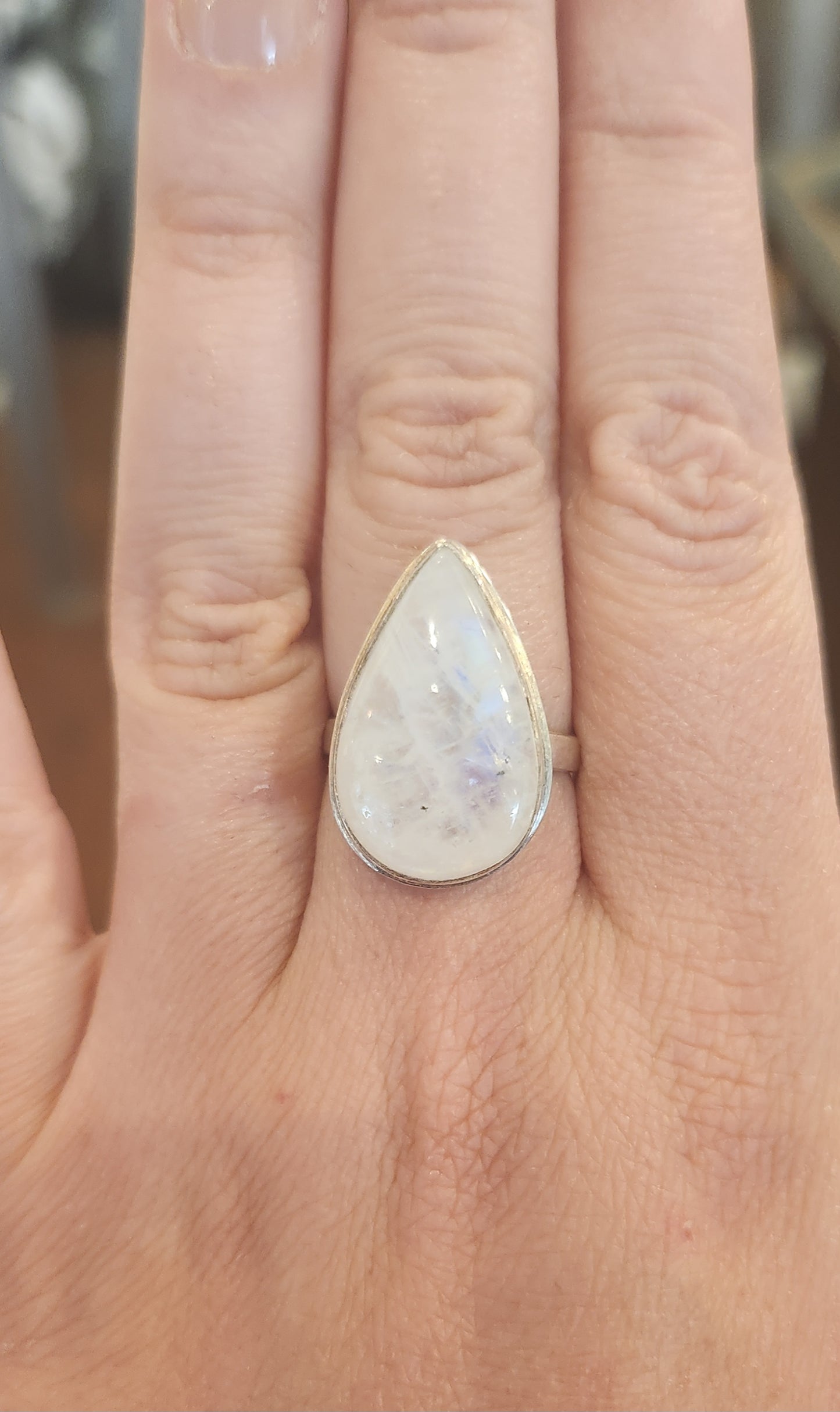 Sterling silver pear-shaped rainbow moonstone statement ring