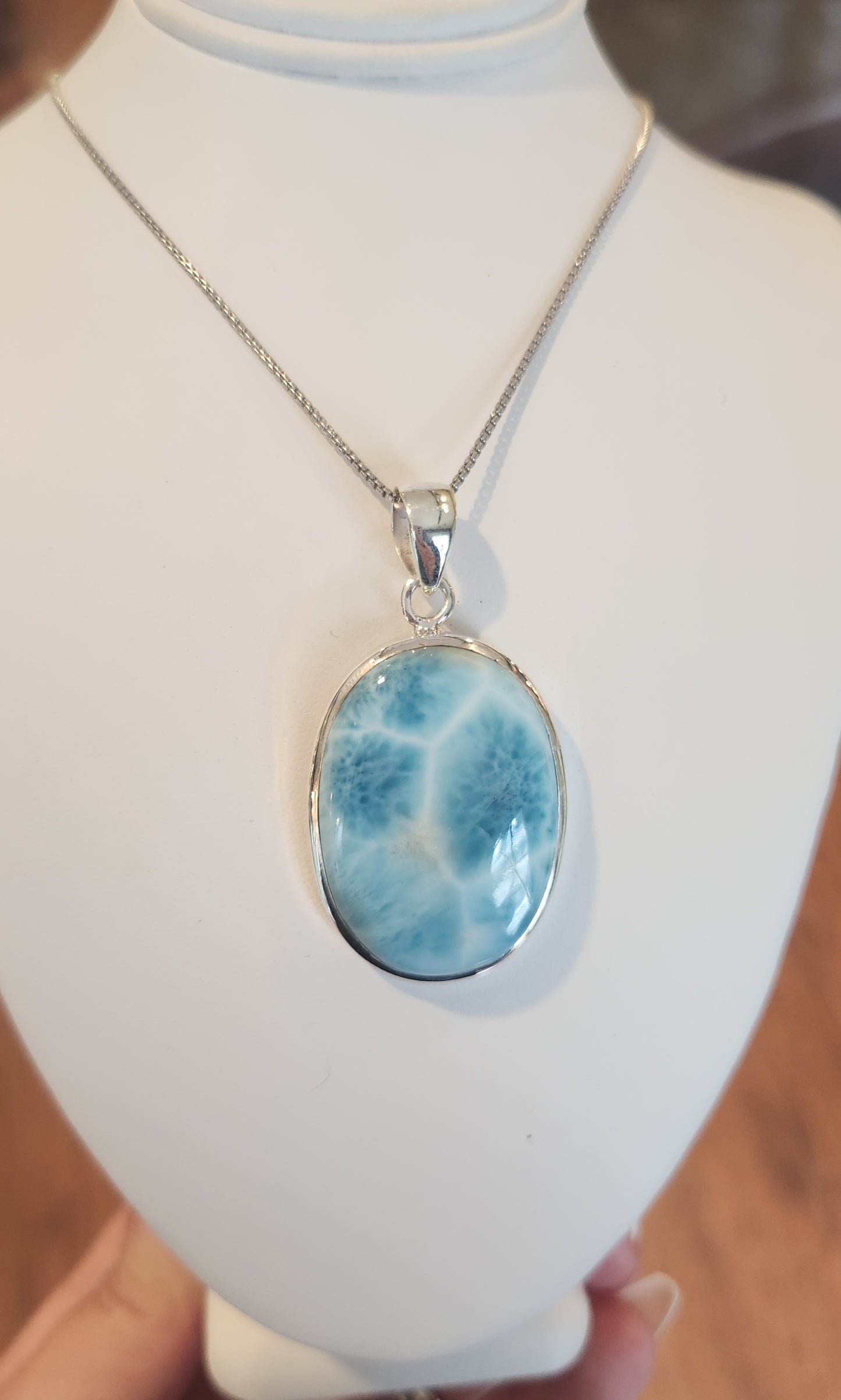 Sterling silver oval larimar cabochon pendant