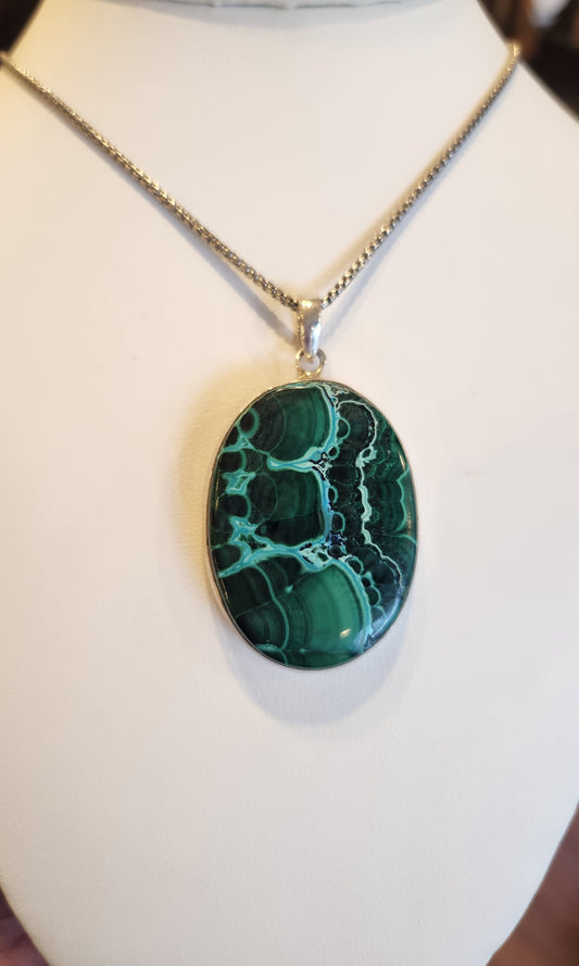 Sterling silver pendant with large chrysocolla in malachite