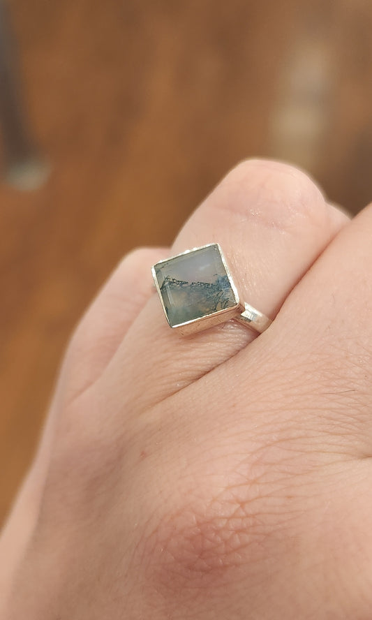 Sterling silver square moss agate ring