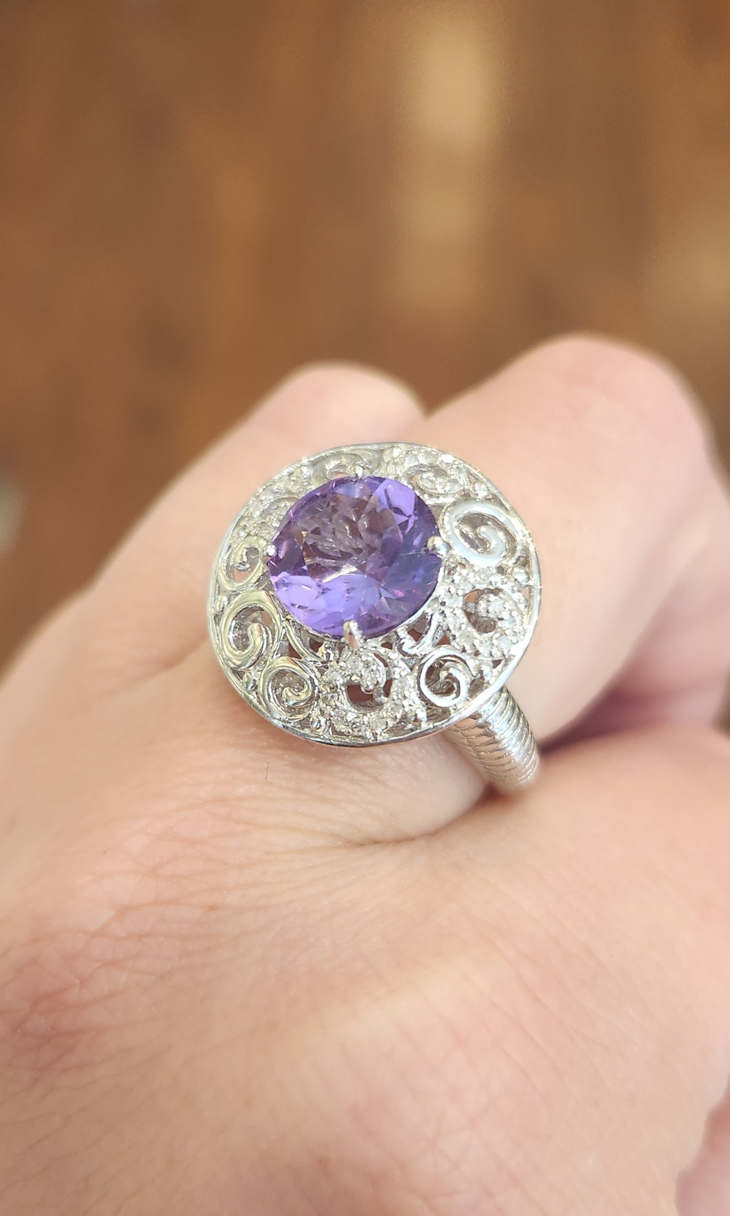 Sterling silver round amethyst filigree statement ring