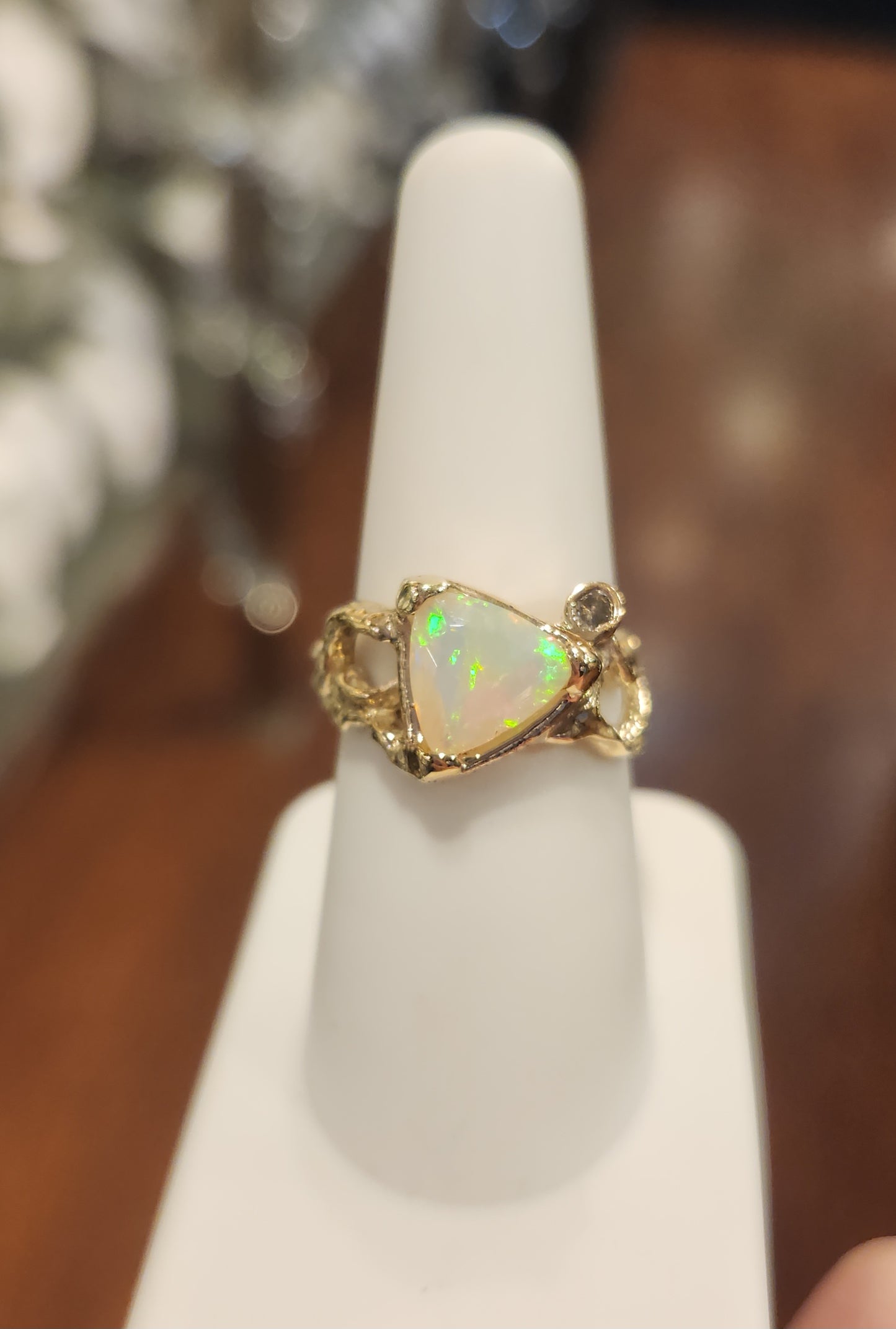 14k yellow gold trillian-cut opal ring with diamond