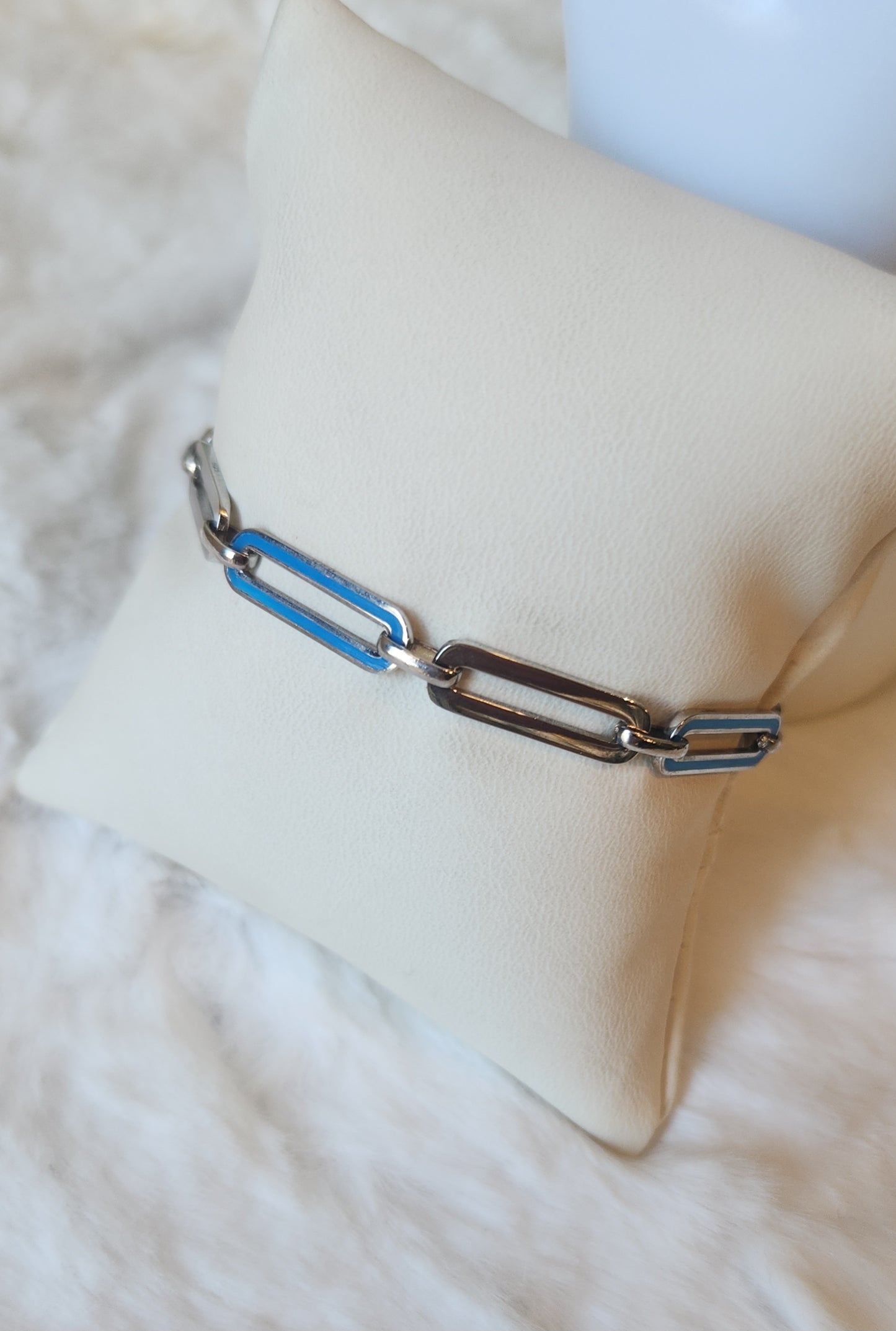 Sterling silver neon blue enamel paperclip bracelet