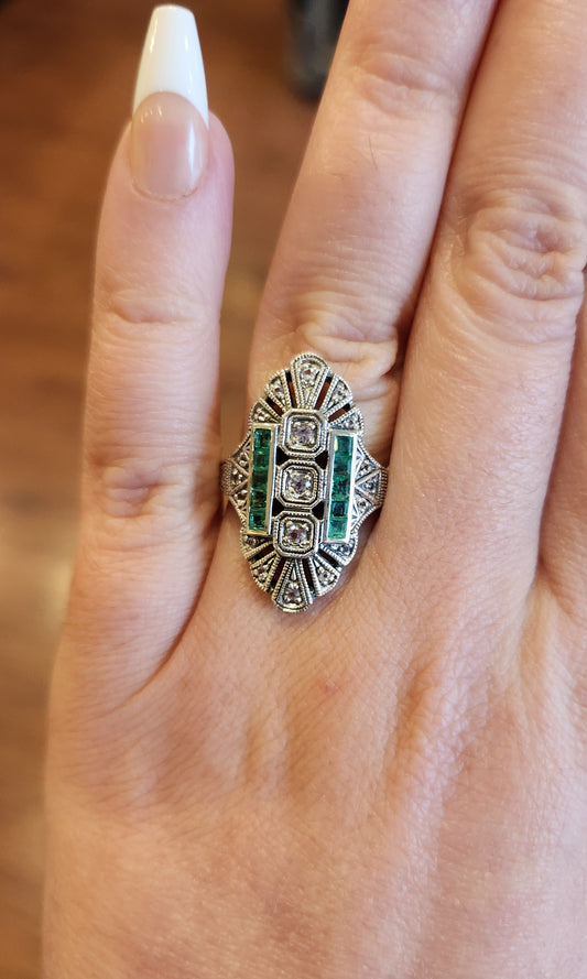 Sterling silver Art Deco style ring with white topaz and natural emeralds