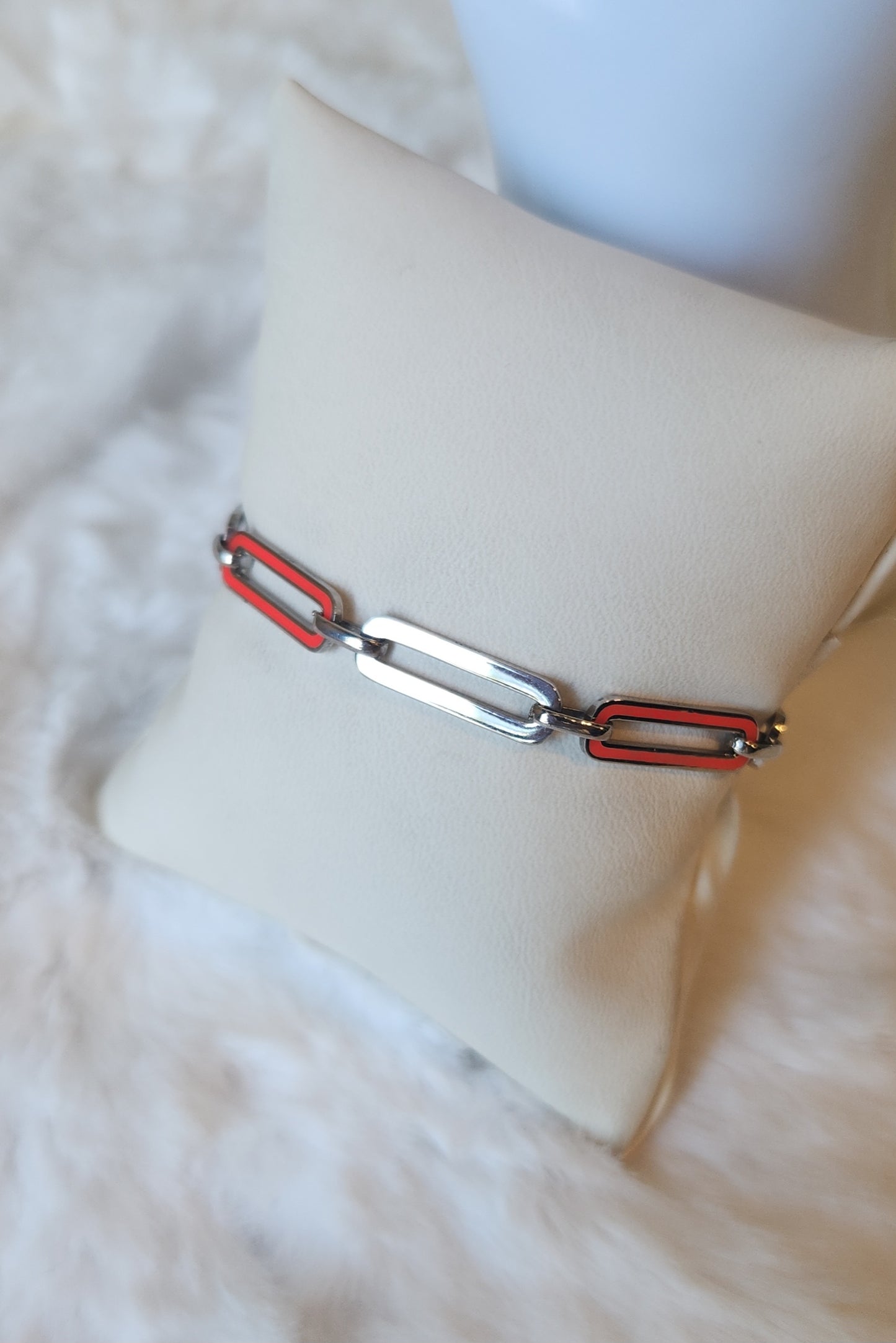 Sterling silver neon red enamel paperclip bracelet