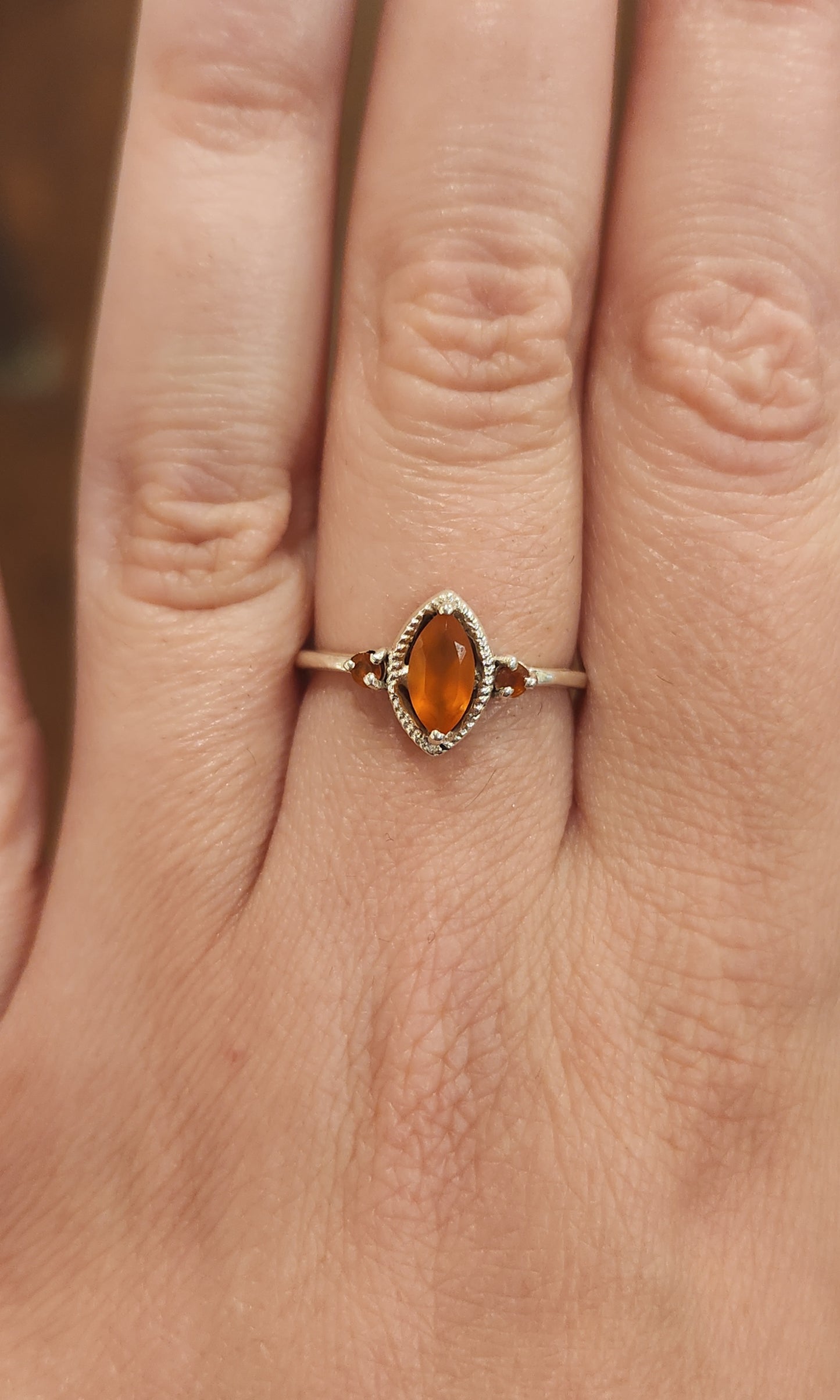 Sterling silver marquis-shaped fire opal ring