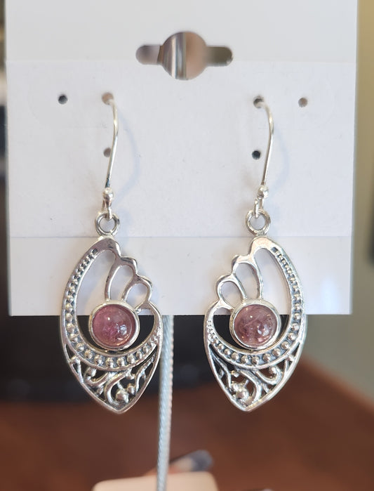 Sterling silver pink tourmaline cabochon dangle earrings