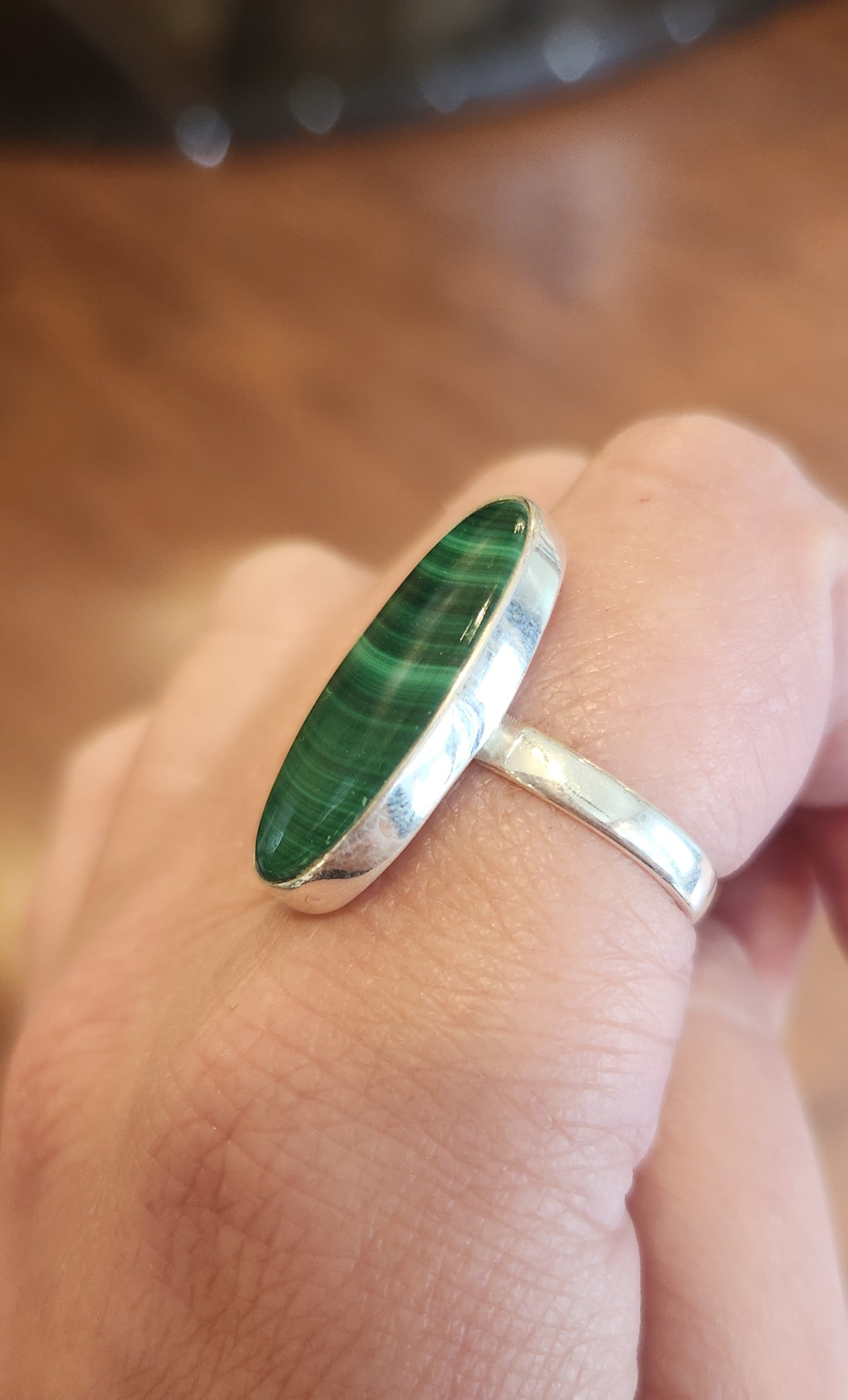 Sterling silver oval malachite ring