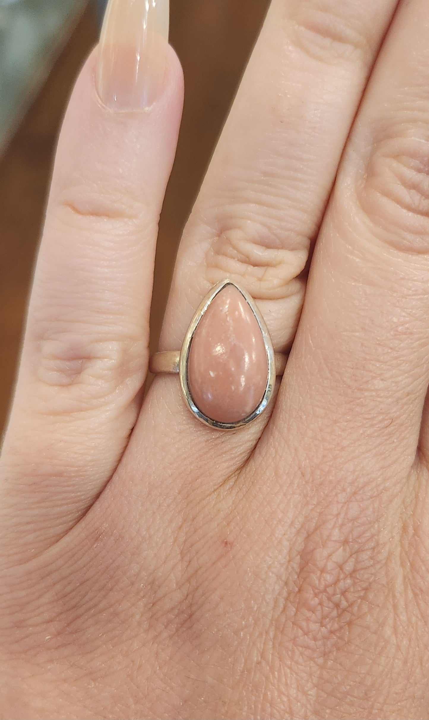 Sterling silver pear-shaped pink opal ring