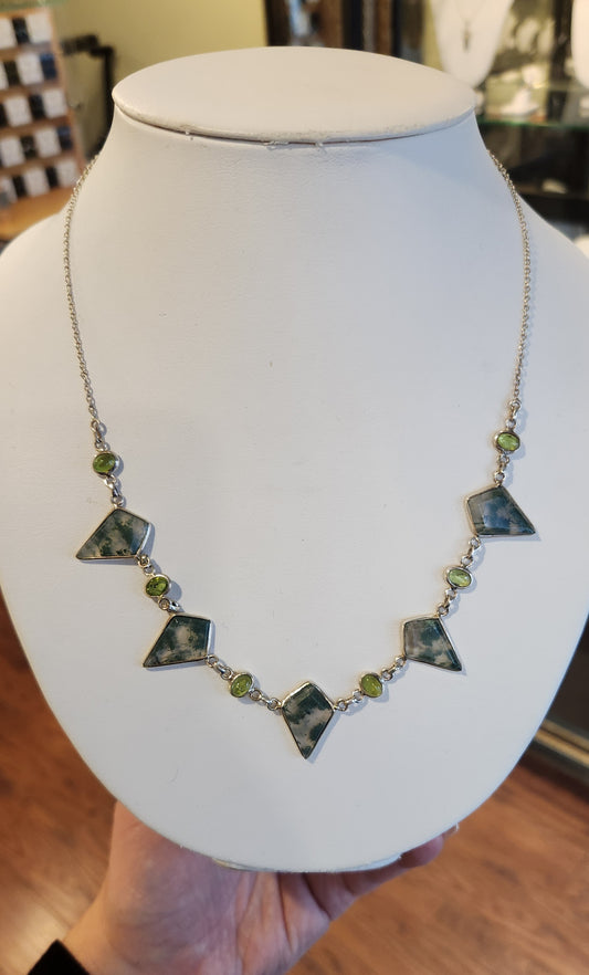 Sterling silver necklace with moss agate and peridot