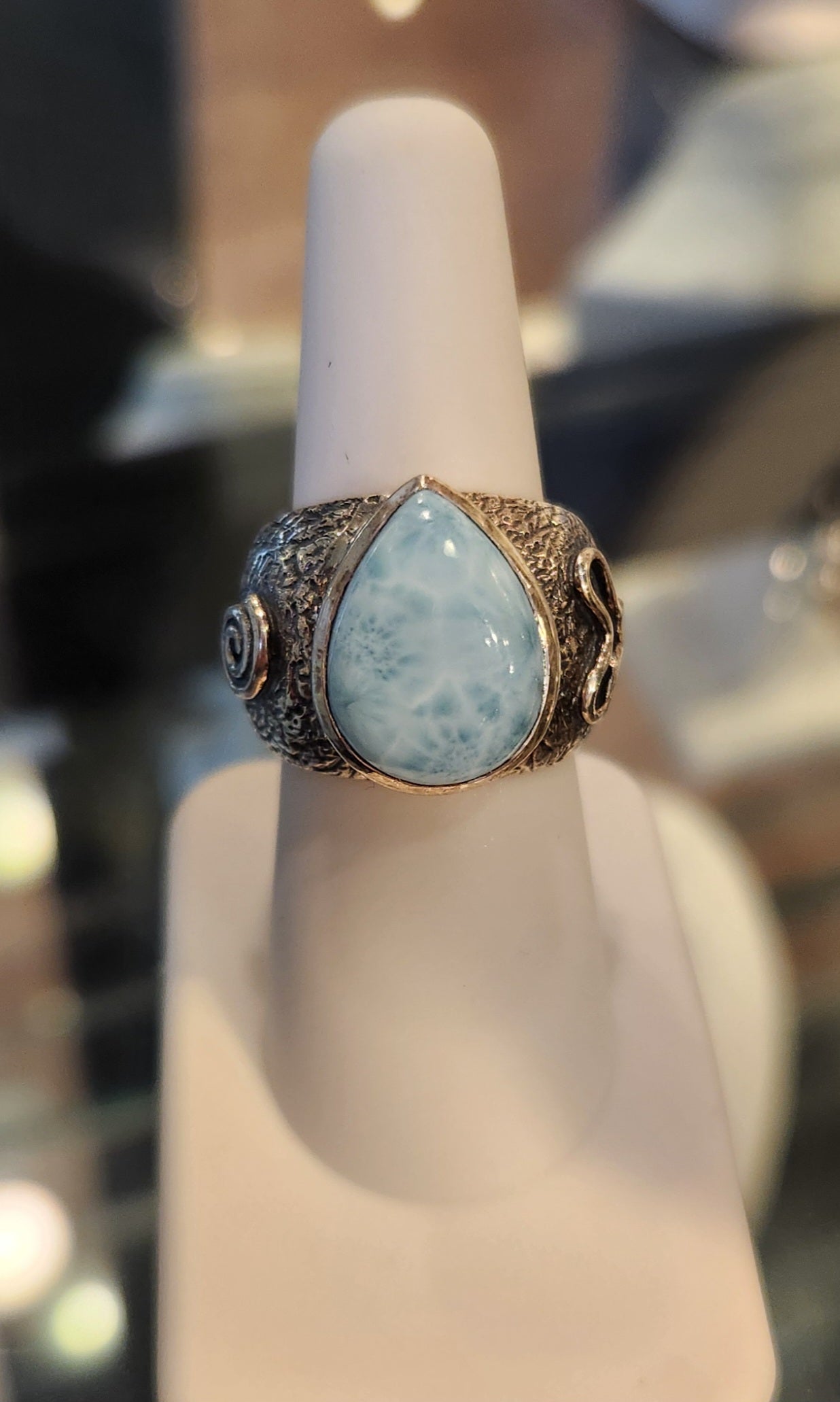 Sterling silver Atlantean rune ring with pear-shaped larimar cabochon