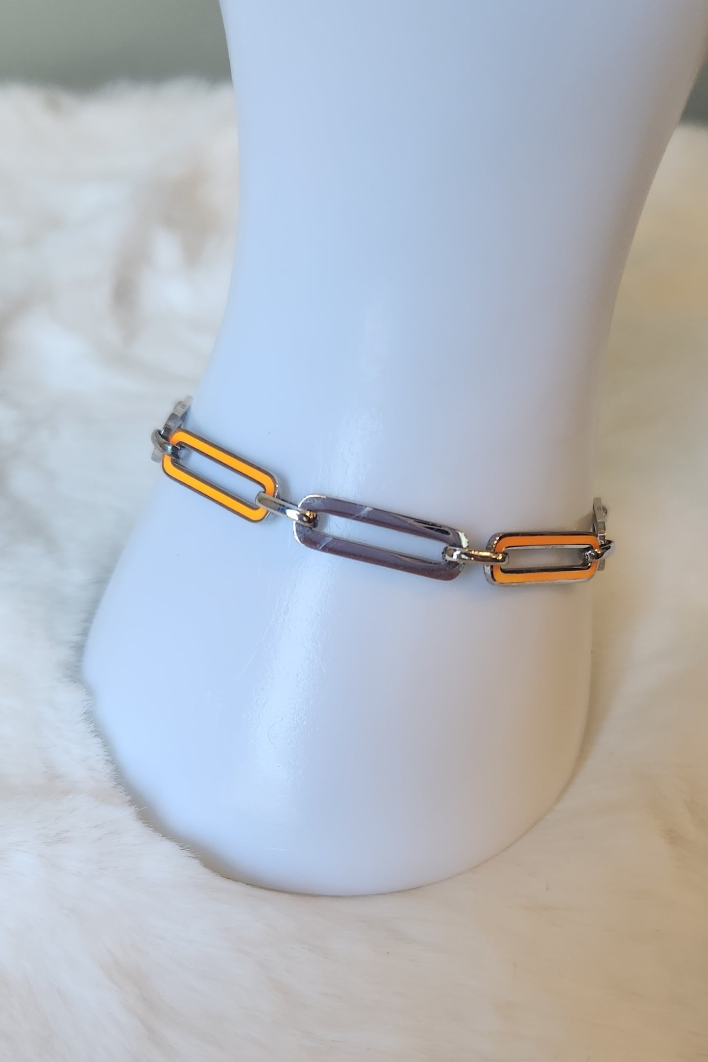 Sterling silver neon orange enamel paperclip bracelet