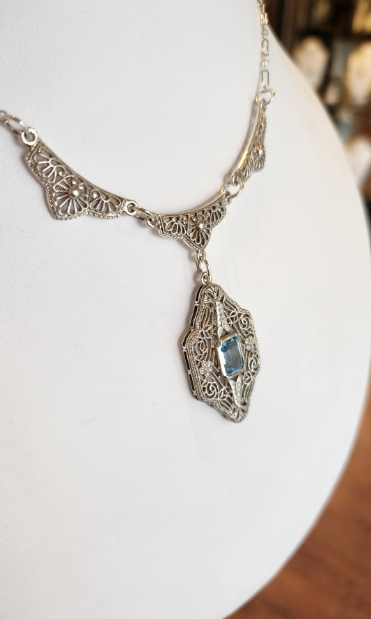 Sterling silver blue topaz filigree Art Deco reproduction 19" necklace