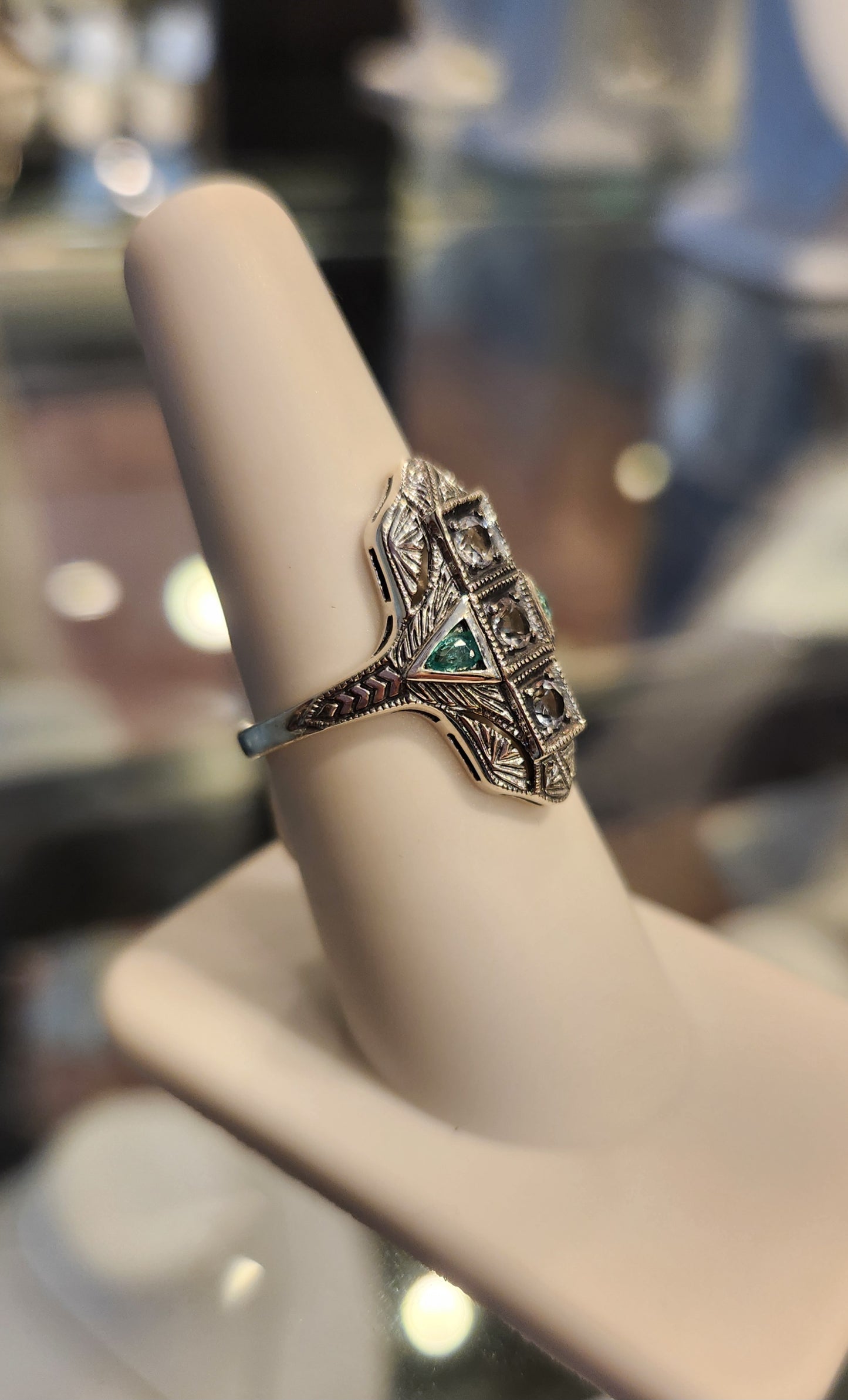 Sterling silver emerald & white topaz Art Deco style filigree ring