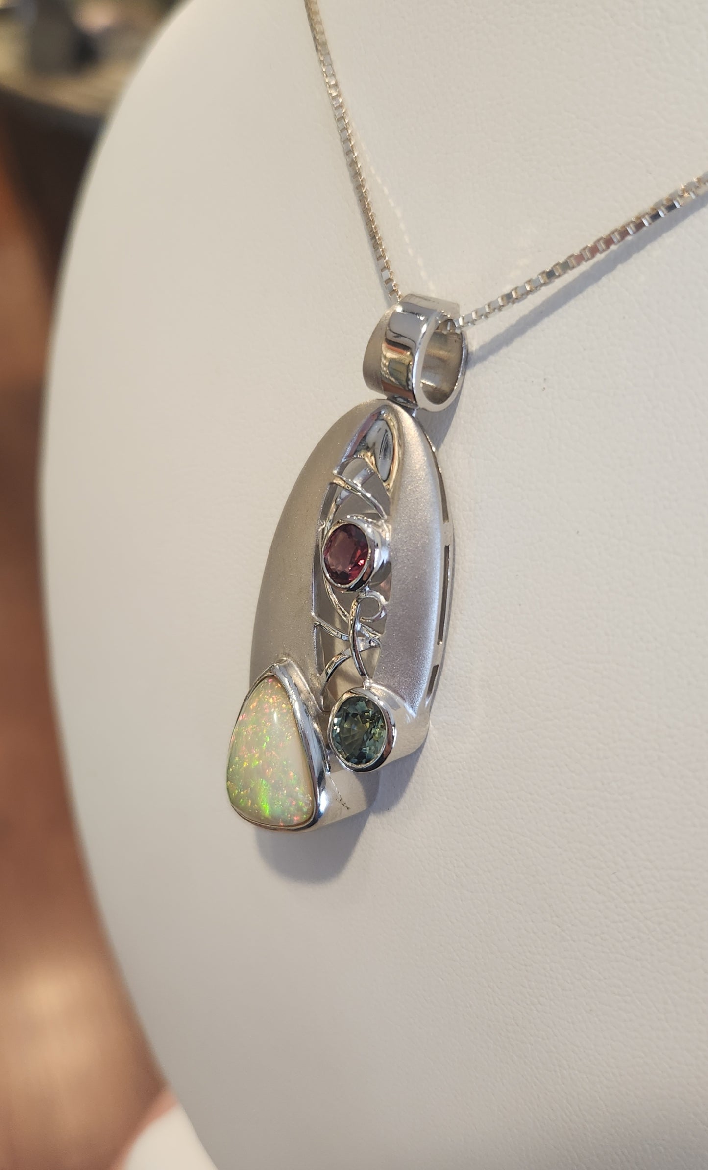 Sterling silver Ethiopian opal statement pendant with tourmaline