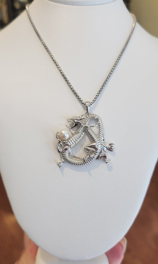 Sterling silver pearl dragon pendant