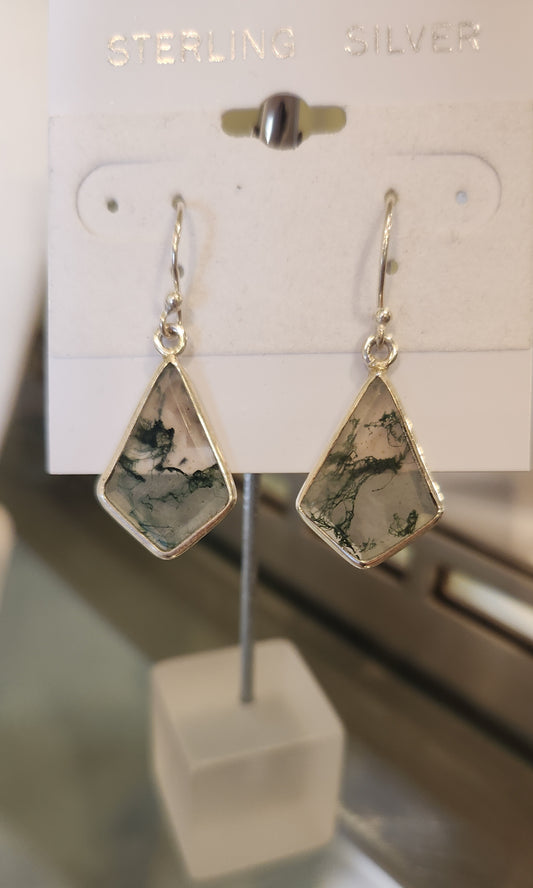 Sterling silver kite-shaped moss agate dangle earrings