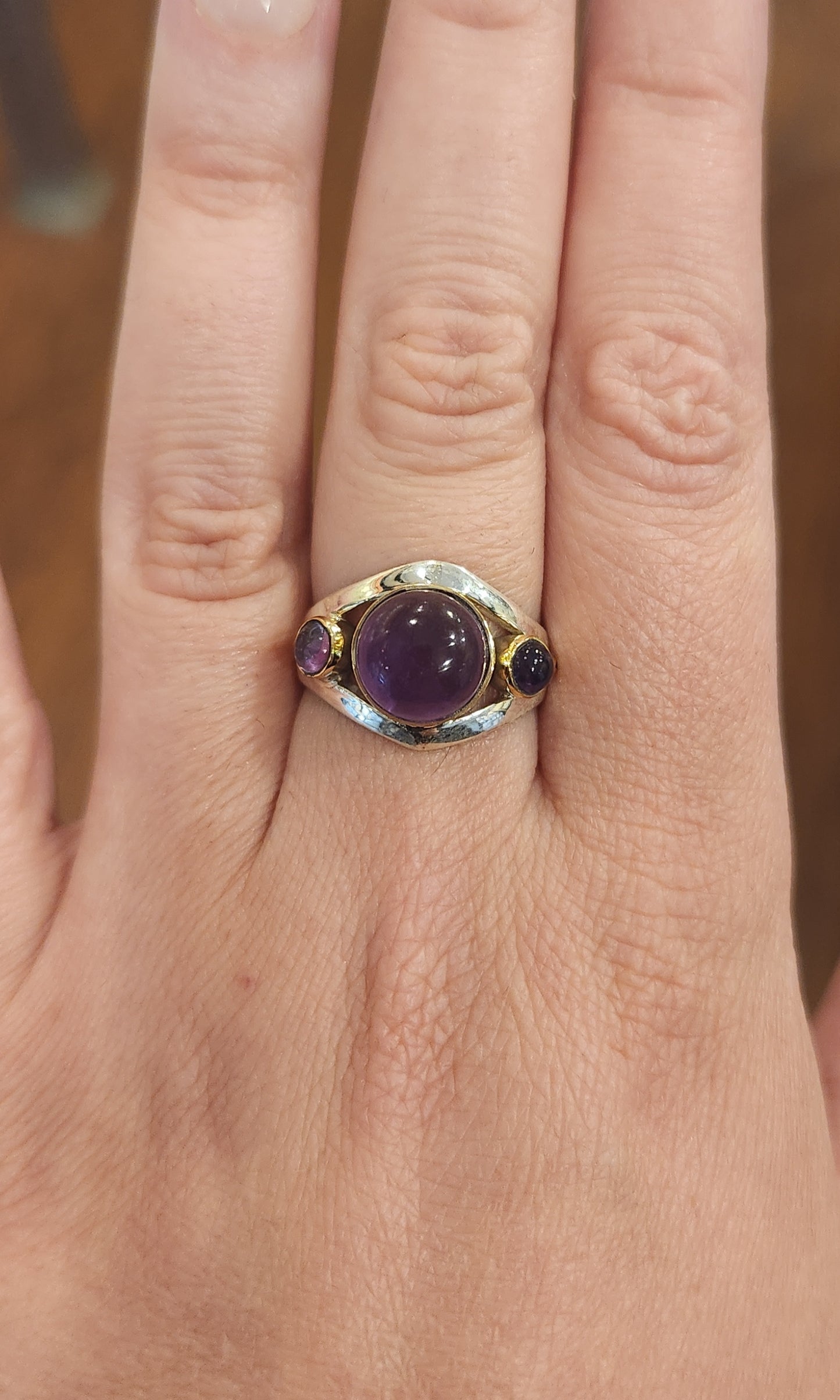 Sterling silver two-tone amethyst cabochon ring