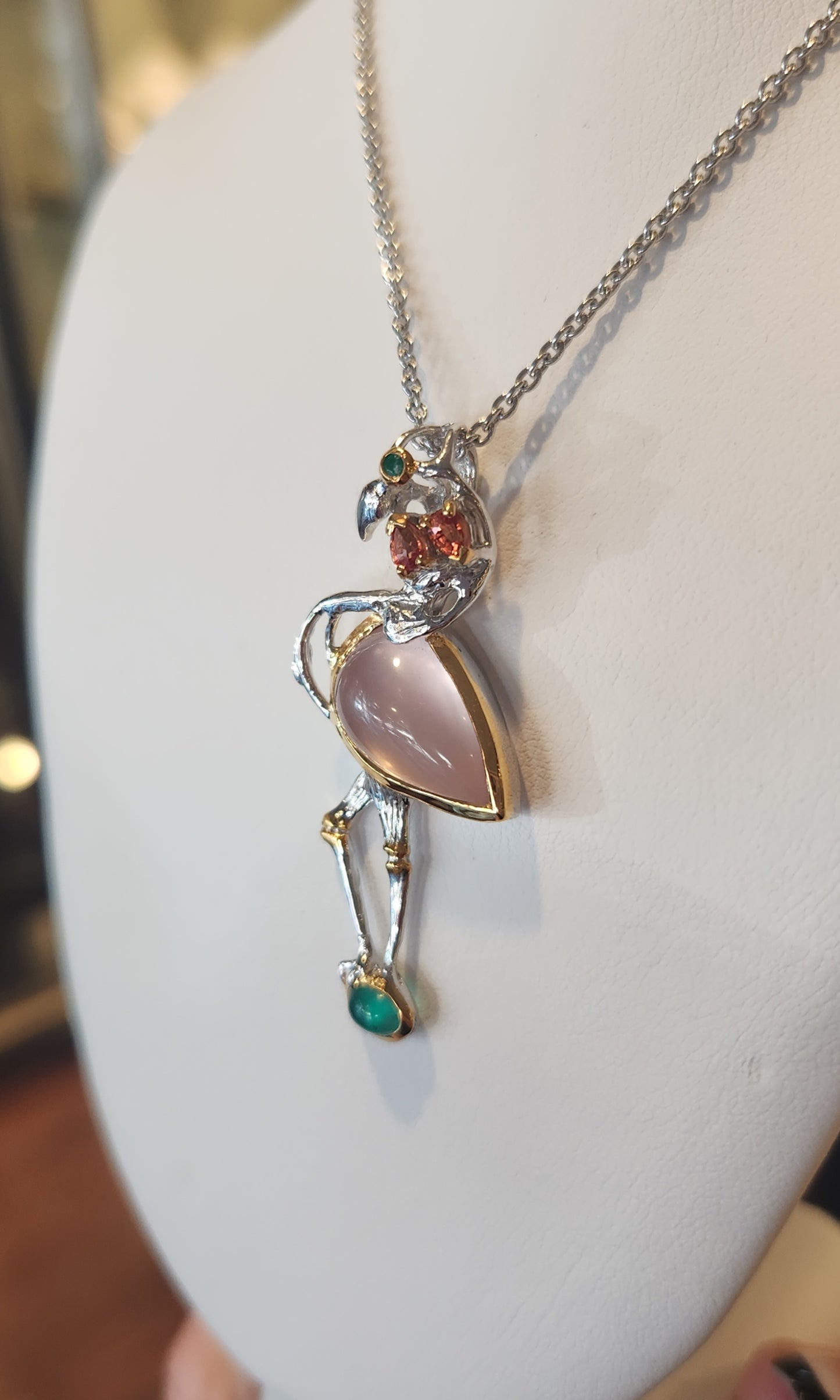 Sterling silver flamingo gemstone pendant