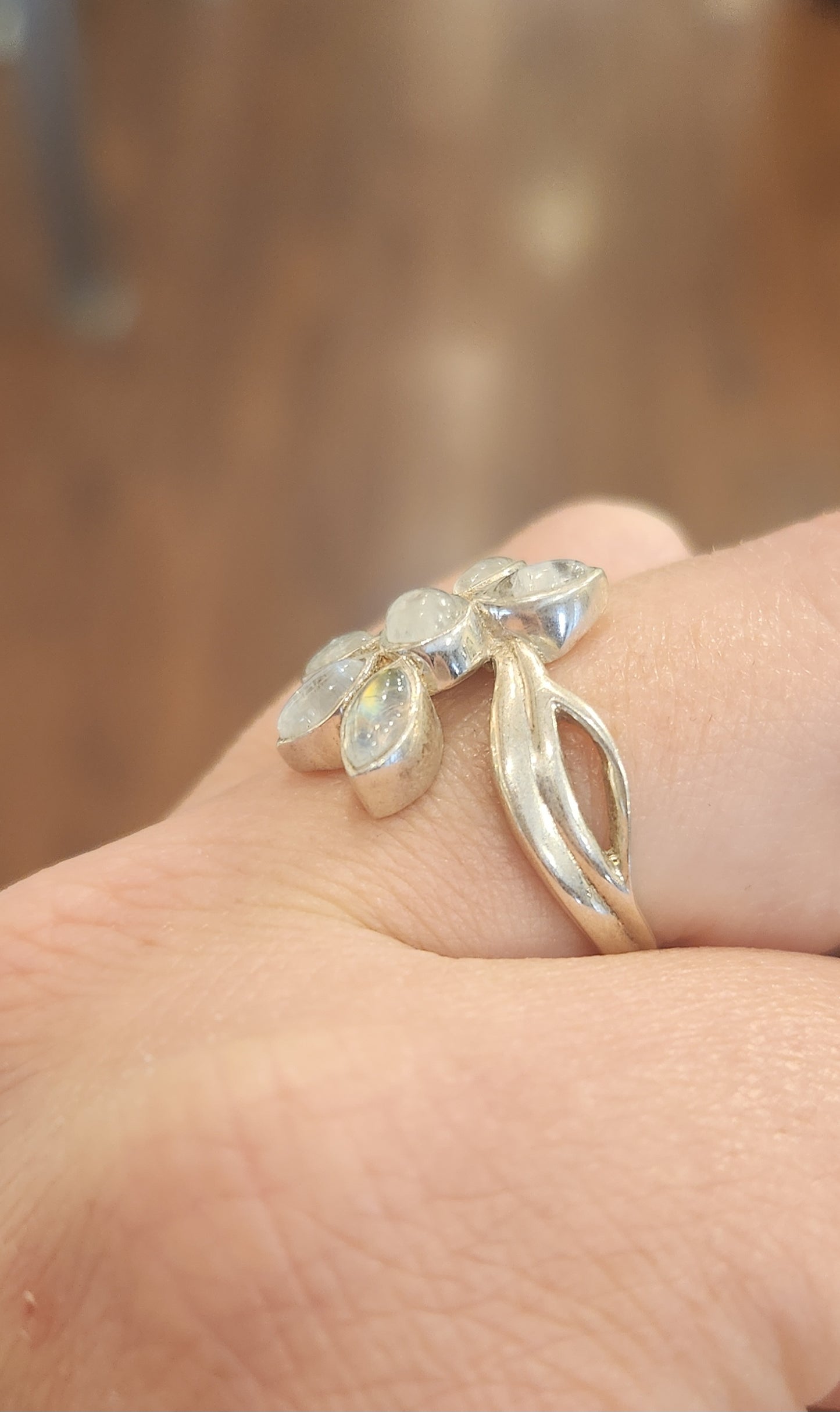 Sterling silver multi-stone rainbow moonstone flower ring