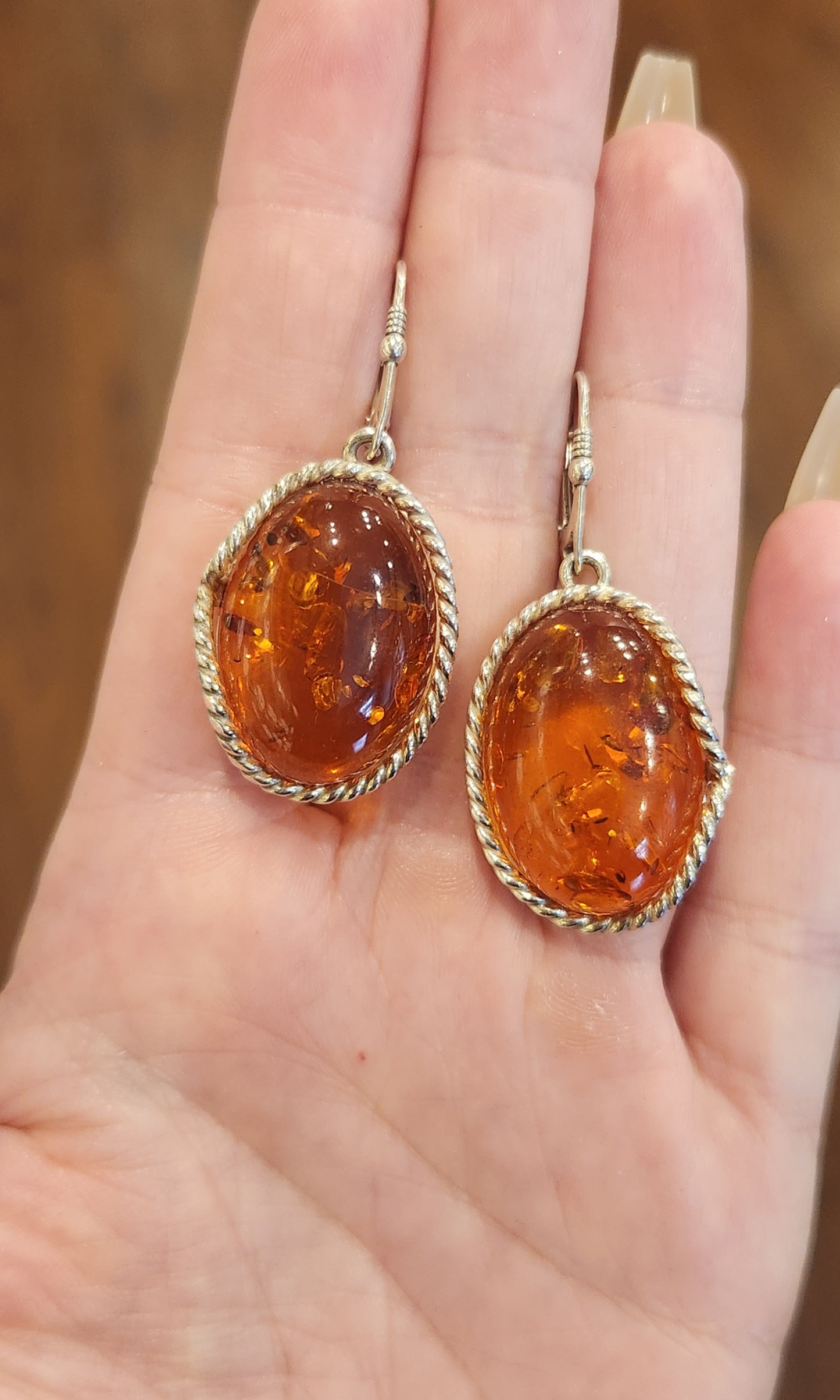 Sterling silver large Baltic amber dangle earrings