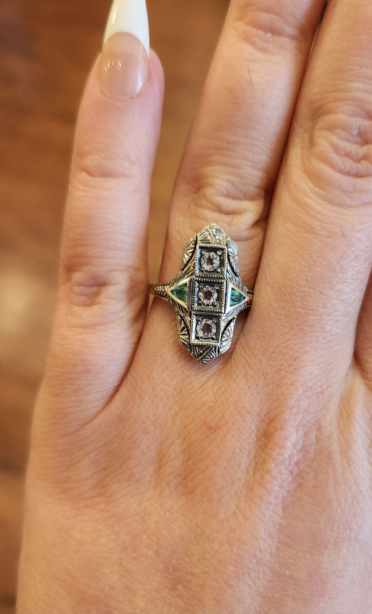Sterling silver emerald & white topaz Art Deco style filigree ring